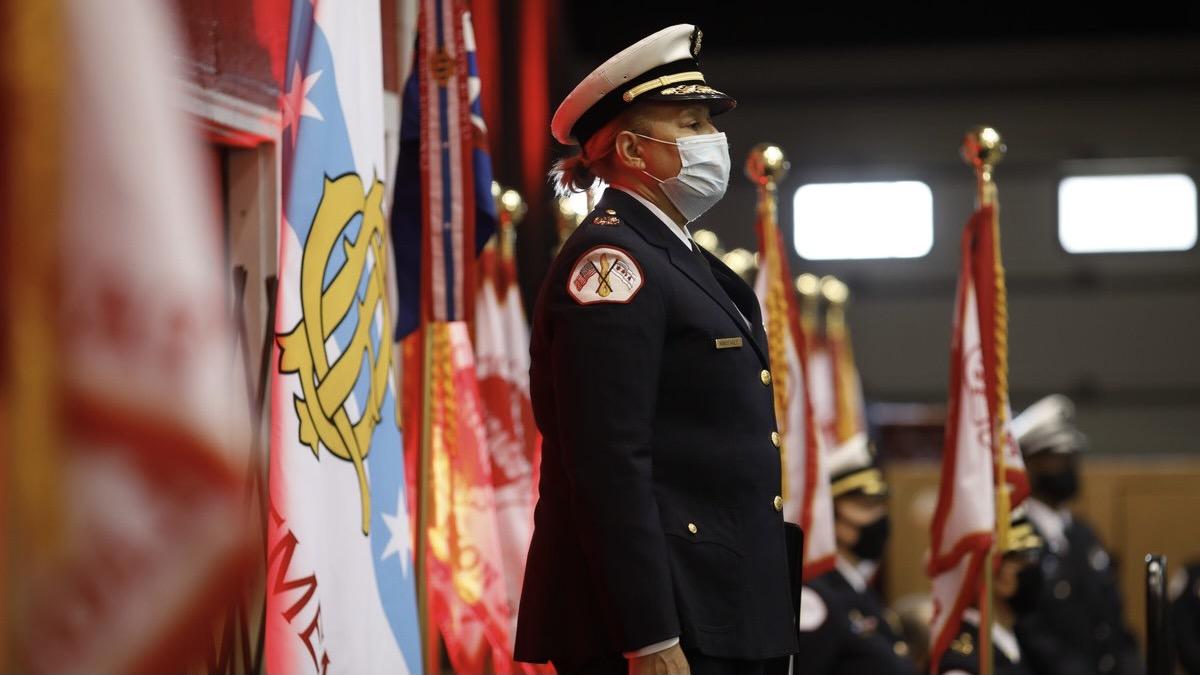 Annette Nance-Holt stands at attention while Mayor Lori Lightfoot announces her nomination as the next commissioner of the Chicago Fire Department. (Credit: Chicago Mayor's Office)