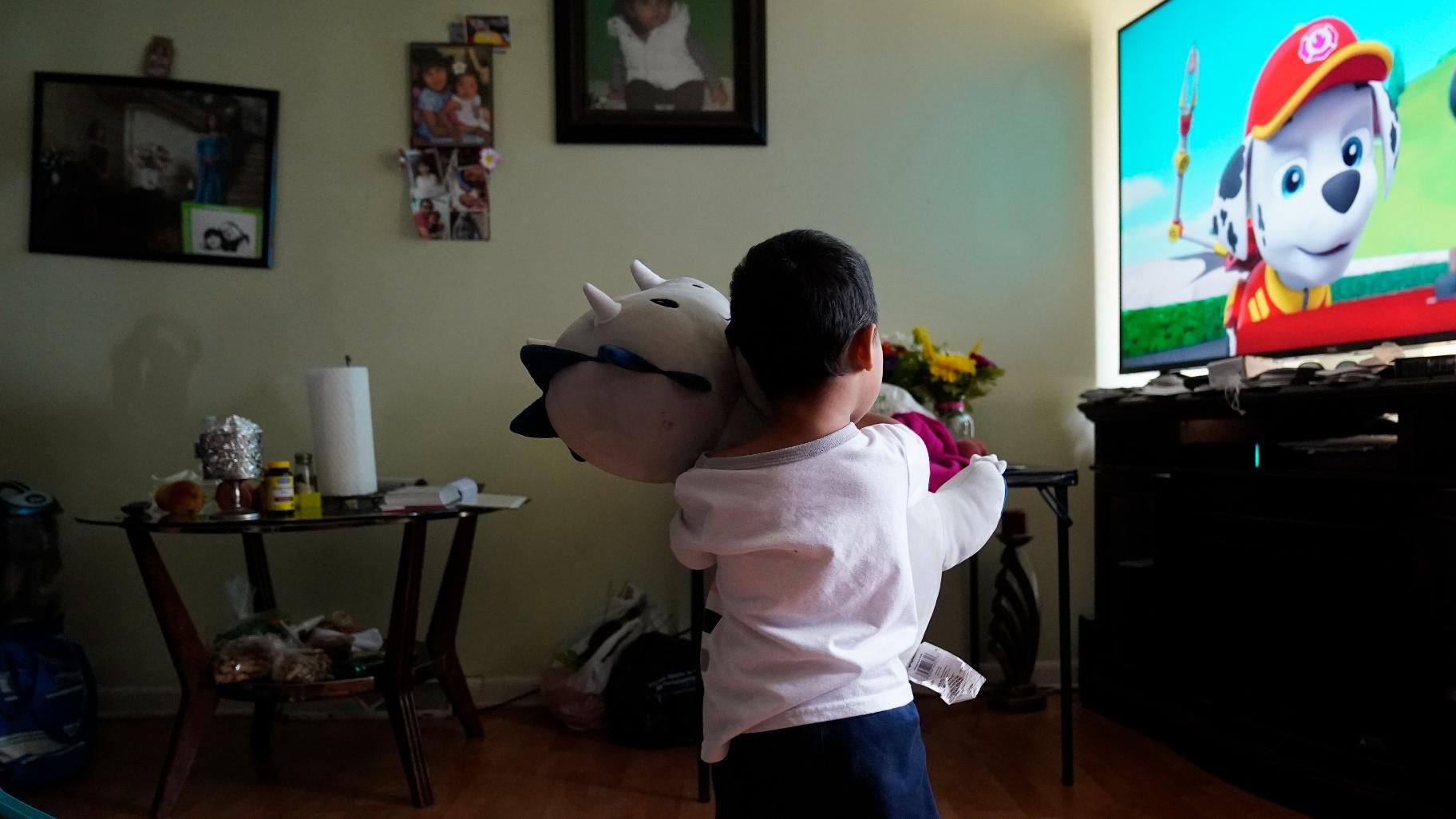 Alexander, 3, who is being treated for developmental delays, holds a stuffed animal and watches Paw Patrol in the living room of his West Chicago, Ill., home Tuesday, Aug. 8, 2023. (AP Photo / Charles Rex Arbogast)