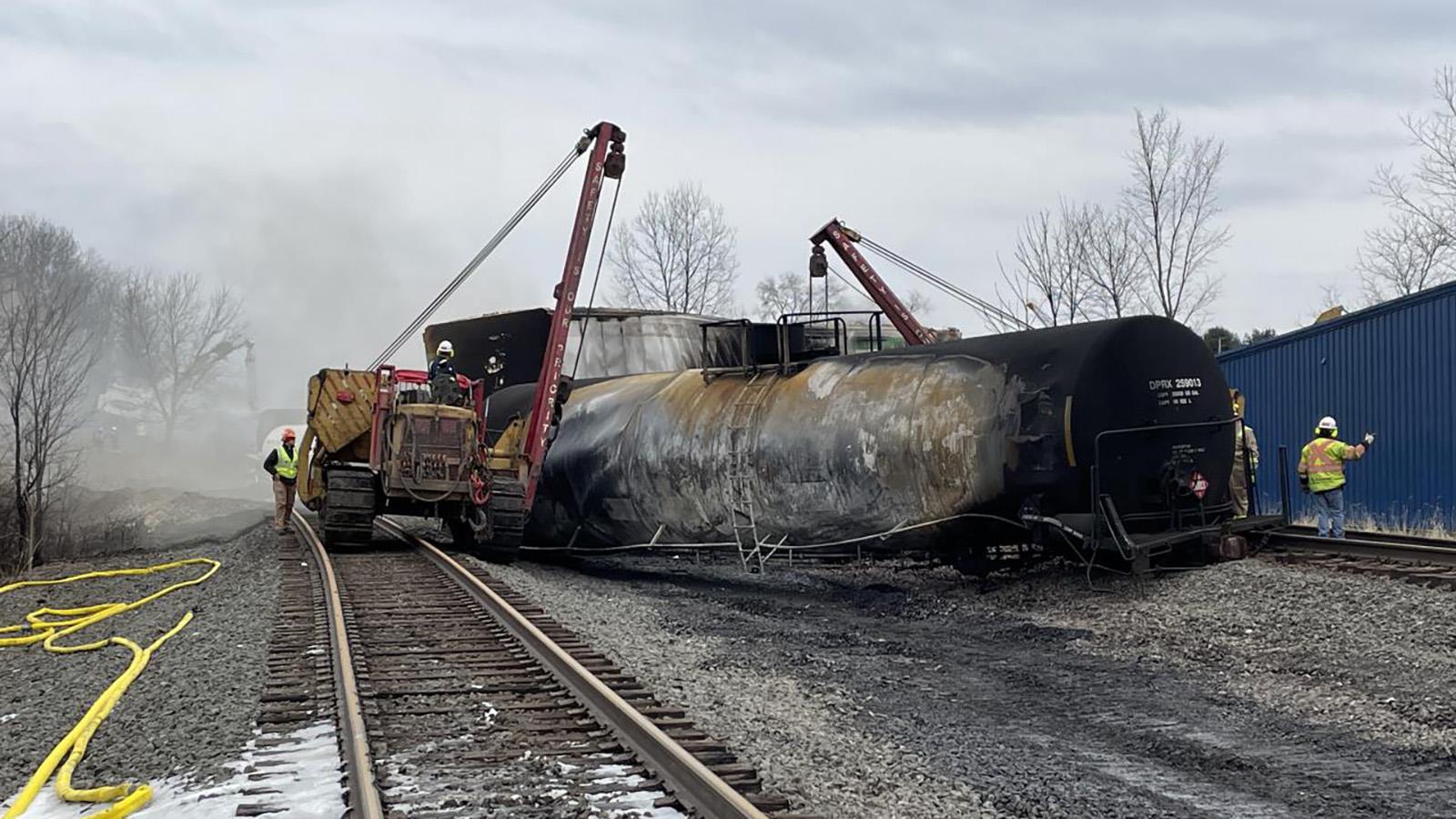 An overturned rail car is pictured at the crash site in East Palestine, Ohio. (Environmental Protection Agency)