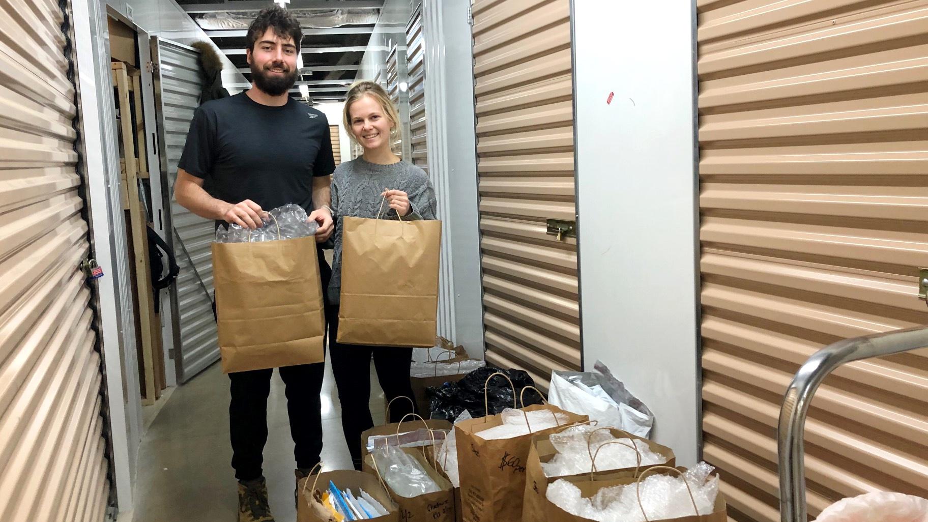 EcoShip's Peter Proctor and Alexsandra Plewa, prepping an order of recycled shipping materials for a customer. (Patty Wetli / WTTW News) 