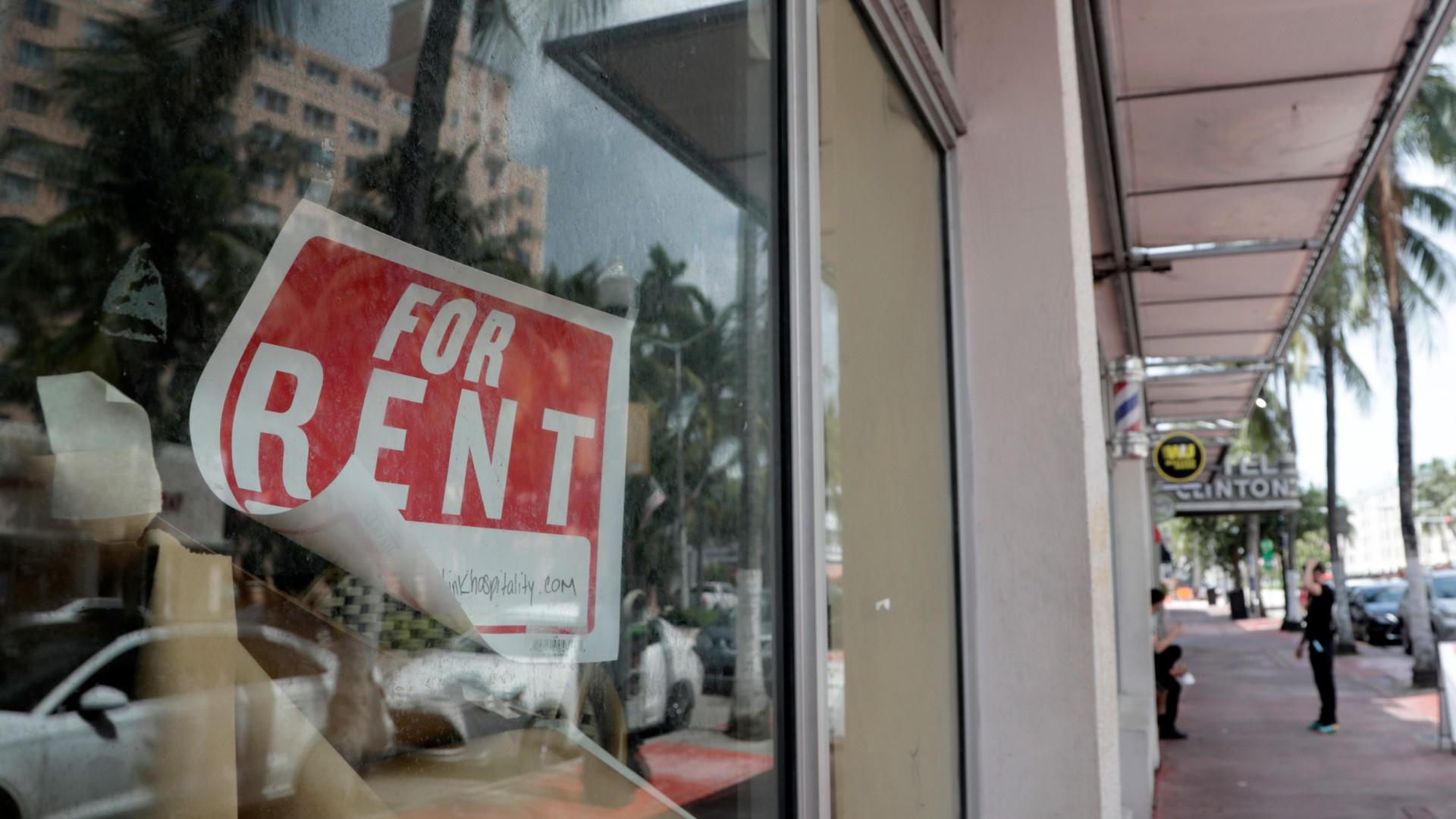 In this July 13, 2020 file photo, a For Rent sign hangs on a closed shop during the coronavirus pandemic in Miami Beach, Fla. (AP Photo / Lynne Sladky)