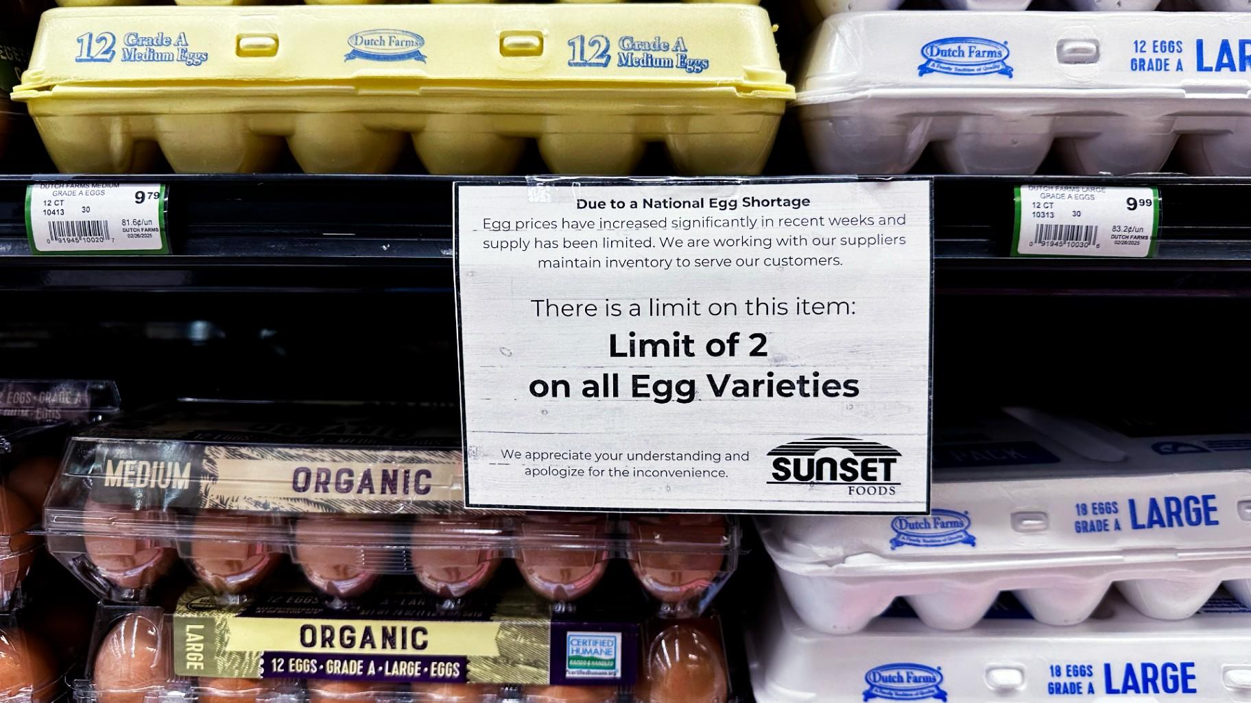FILE - A sign is mounted on a shelve of eggs at a grocery store in Northbrook, Ill., Feb. 28, 2025. (Nam Y. Huh / AP Photo, file) FILE - A sign is mounted on a shelve of eggs at a grocery store in Northbrook, Ill., Feb. 28, 2025. (Nam Y. Huh / AP Photo, file)