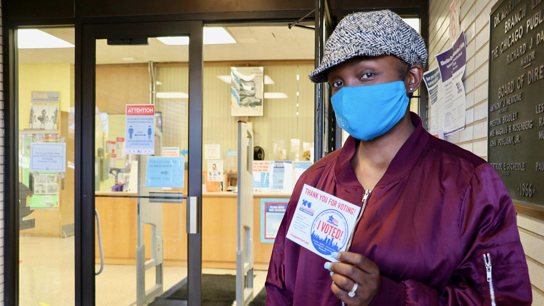 Bronzeville resident Sharifa Wicks-Lot voted at the Martin Luther King, Jr. Library voting location and said she’s been voting since she turned 18 years old. “I have two children, a 11-year-old and a two-year-old, and I would want the best for their future in the coming years,” Wicks-Lot said. (Evan Garcia / WTTW News)