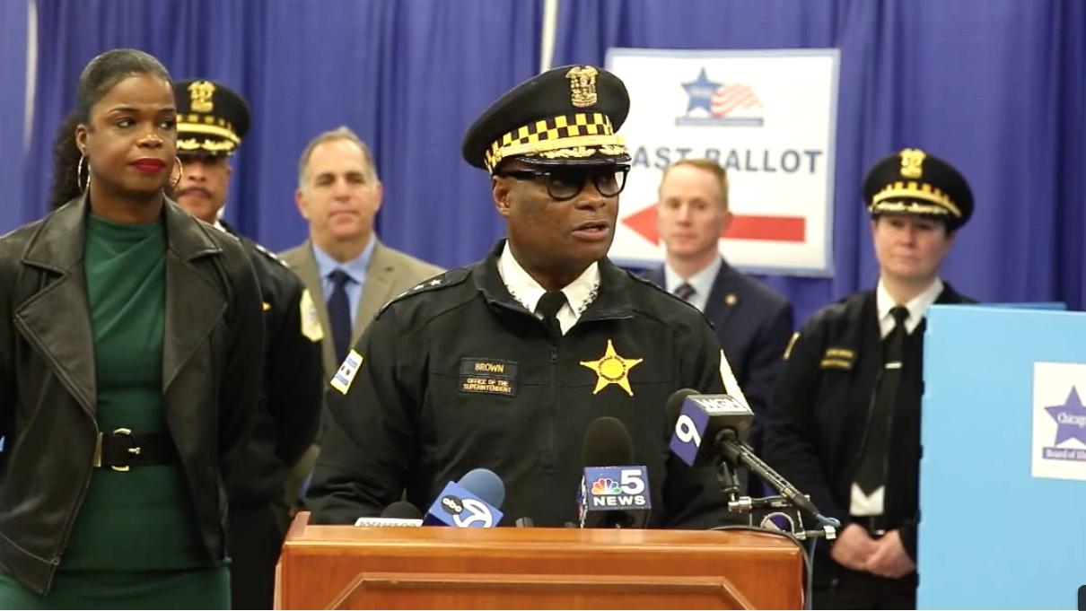 Chicago Police Superintendent David Brown, center, and Cook County State's Attorney Kim Foxx (l) discuss election safety measures, Nov. 4, 2022. (Chicago Police Department / Facebook)