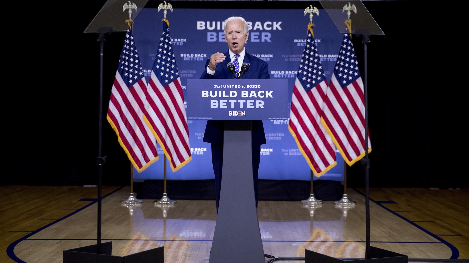 In this July 28, 2020, file photo, Democratic presidential candidate former Vice President Joe Biden speaks at a campaign event at the William "Hicks" Anderson Community Center in Wilmington, Del. (AP Photo/Andrew Harnik, File)