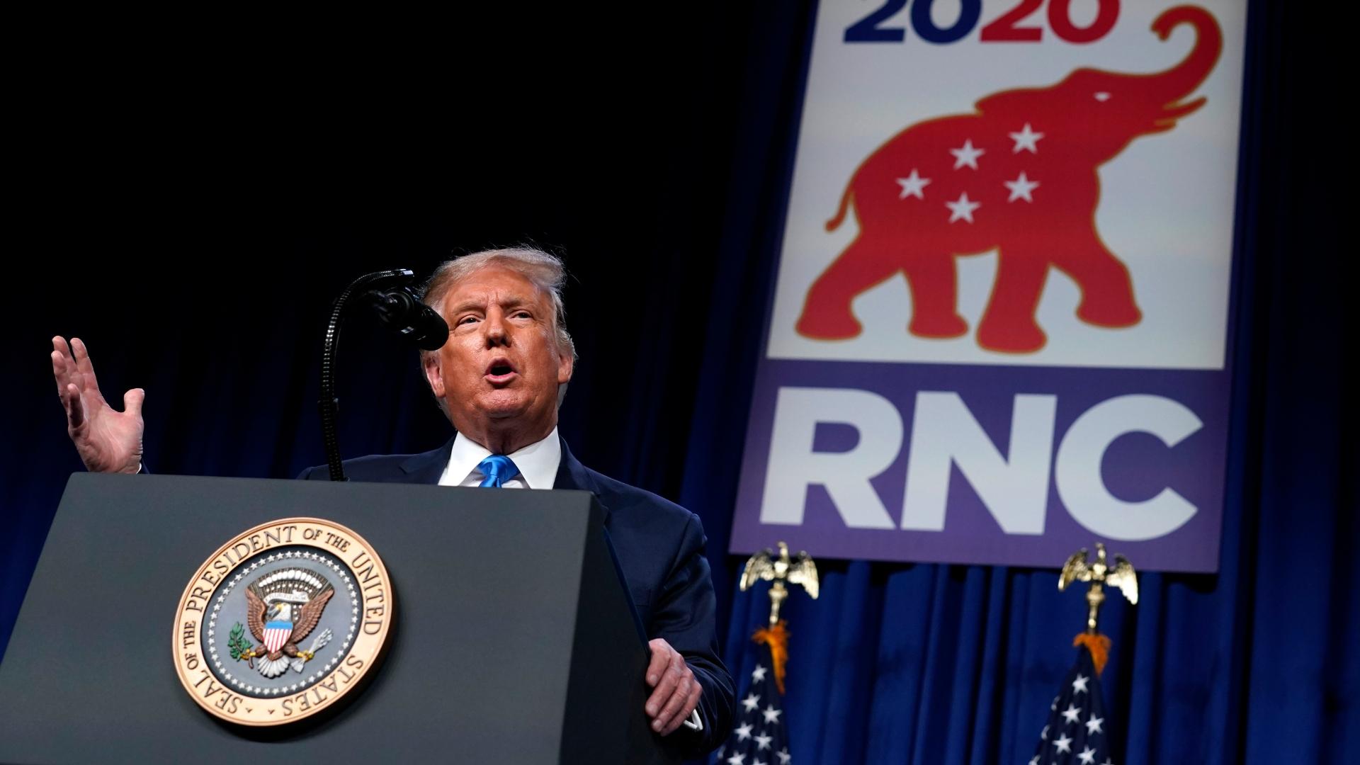 President Donald Trump speaks on stage during the first day of the Republican National Committee convention, Monday, Aug. 24, 2020, in Charlotte. (AP Photo / Evan Vucci)