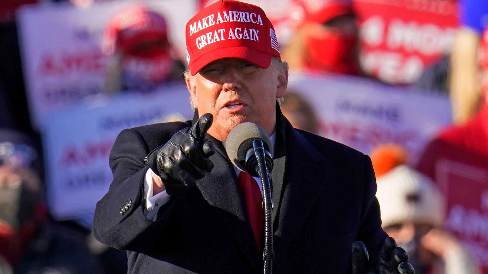 President Donald Trump gestures while addressing a campaign rally at the Wilkes-Barre Scranton International Airport in Avoca, Pa, Monday, Nov. 2, 2020. (AP Photo / Gene J. Puskar)