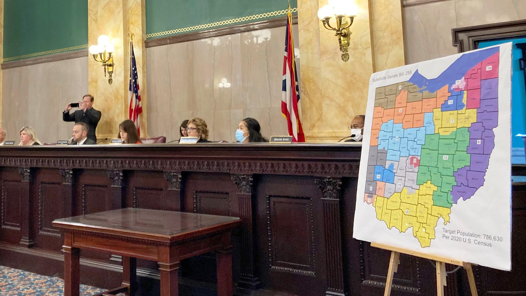 Members of the Ohio Senate Government Oversight Committee hear testimony on a new map of state congressional districts in this file photo from Nov. 16, 2021, at the Ohio Statehouse in Columbus, Ohio. (AP Photo / Julie Carr Smyth, File)