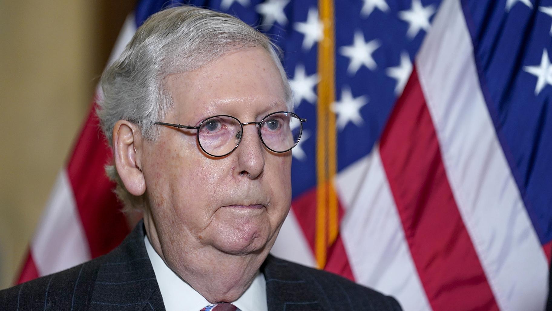 Senate Minority Leader Mitch McConnell of Ky., arrives to speak to reporters on Capitol Hill in Washington, Tuesday, Feb. 8, 2022. (AP Photo / Susan Walsh)