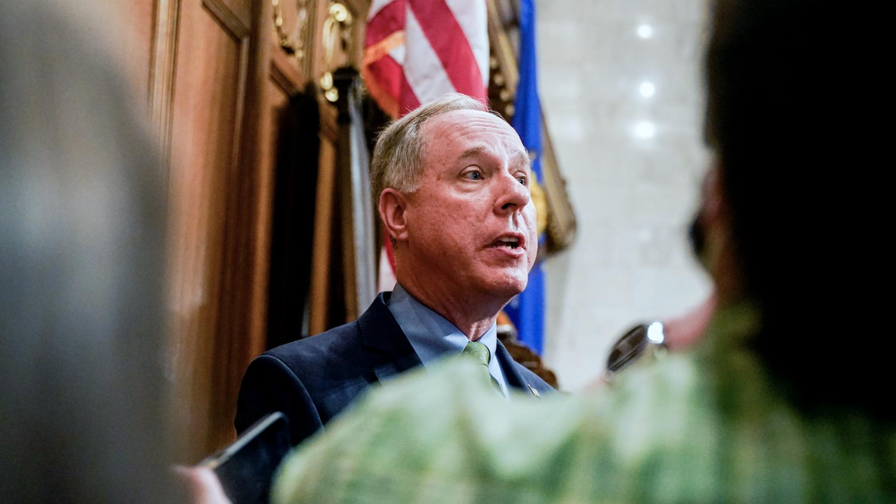 Wisconsin Assembly Speaker Robin Vos talks to the media after Gov. Tony Evers addressed a joint session of the Legislature in the Assembly chambers during the Governor’s State of the State speech at the state Capitol, Feb. 15, 2022, in Madison, Wis. (AP Photo / Andy Manis, File)