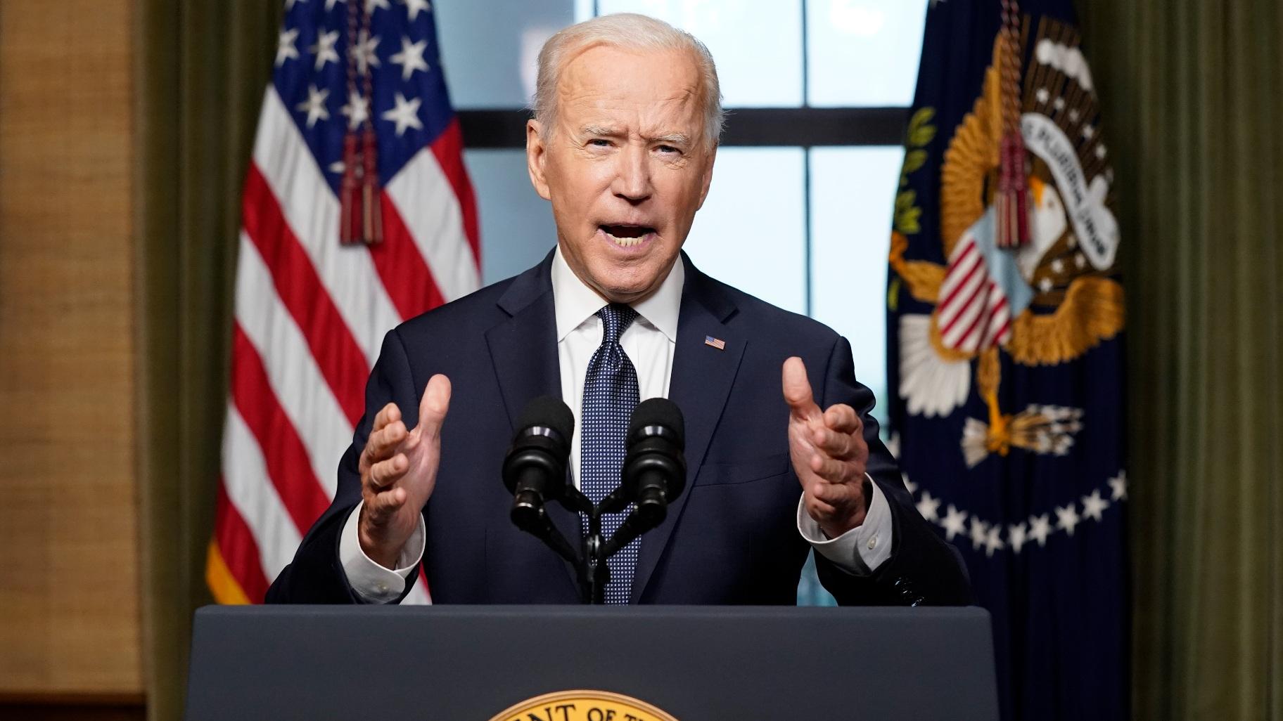 President Joe Biden speaks from the Treaty Room in the White House on April 14, 2021, about the withdrawal of the remainder of U.S. troops from Afghanistan. (AP Photo / Andrew Harnik, Pool, File)