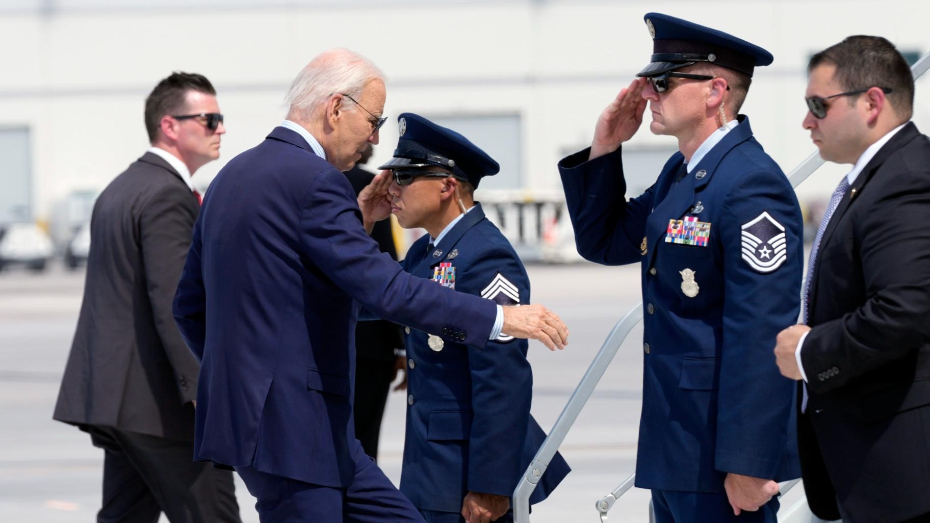 President Joe Biden walks up the steps of Air Force One at Harry Reid International Airport in Las Vegas, Wednesday, July 17, 2024. (Susan Walsh / AP Photo)