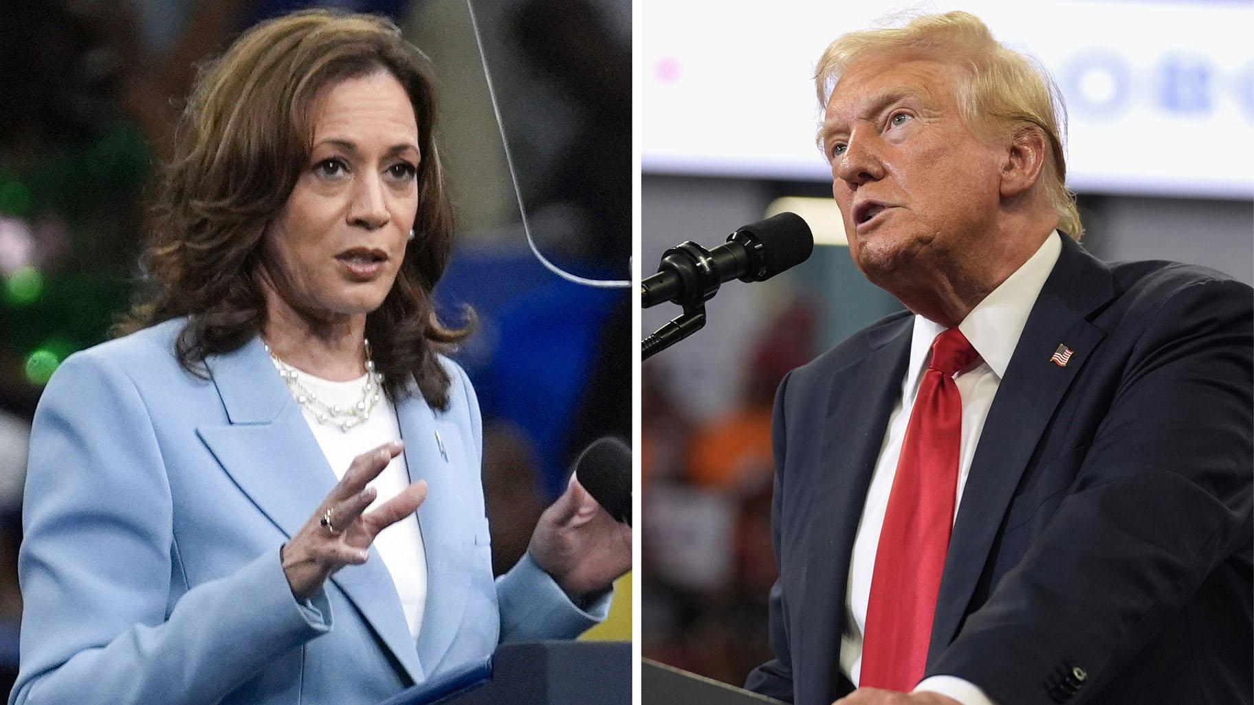 This combination of photos taken at campaign rallies in Atlanta shows Vice President Kamala Harris on July 30, 2024, left, and Republican presidential candidate former President Donald Trump on Aug. 3. (AP Photo)