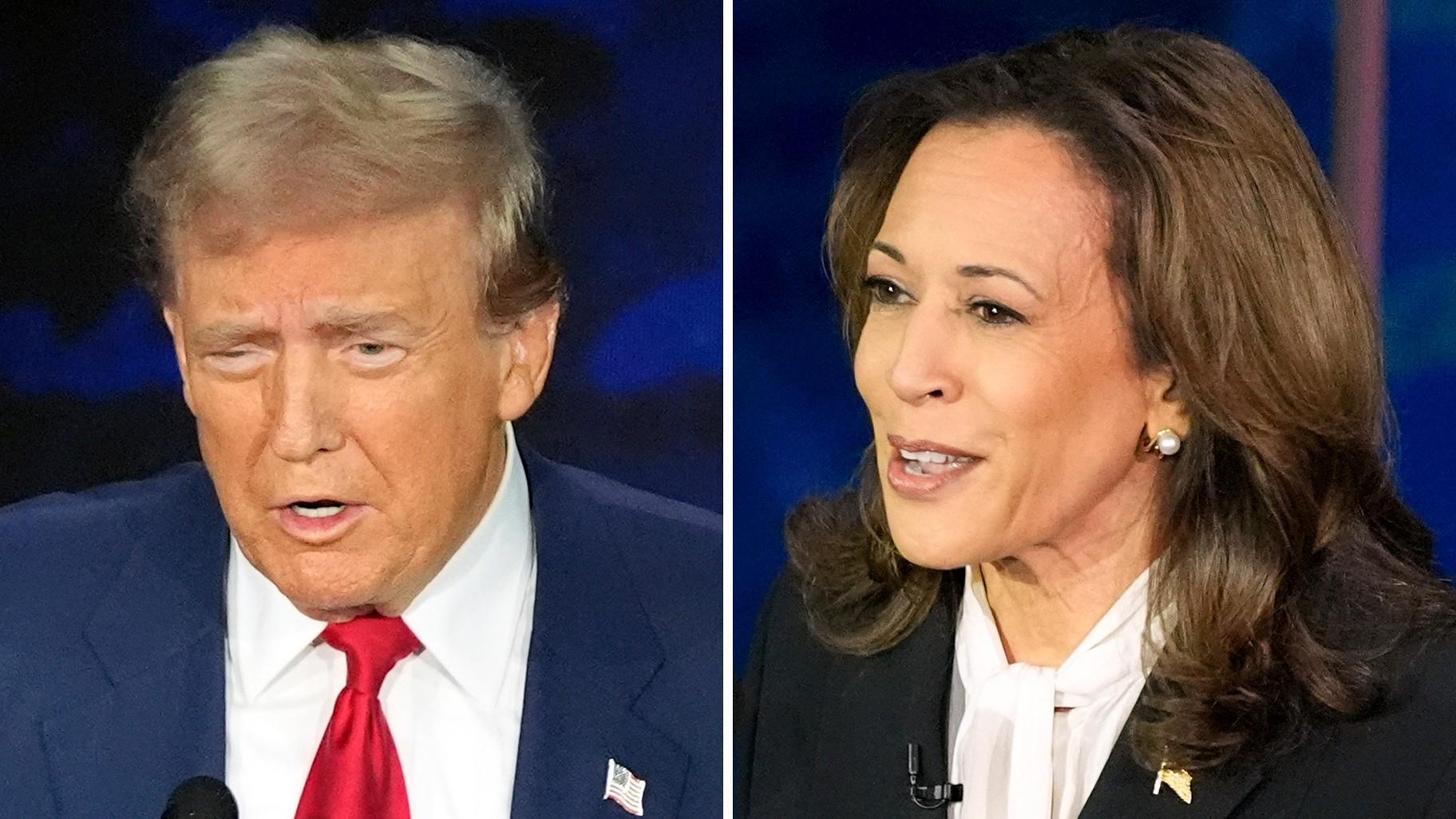 This combination of photos shows Republican presidential nominee former President Donald Trump, left, and Democratic presidential nominee Vice President Kamala Harris during an ABC News presidential debate at the National Constitution Center, Tuesday, Sept. 10, 2024, in Philadelphia. (AP Photo / Alex Brandon, File)
