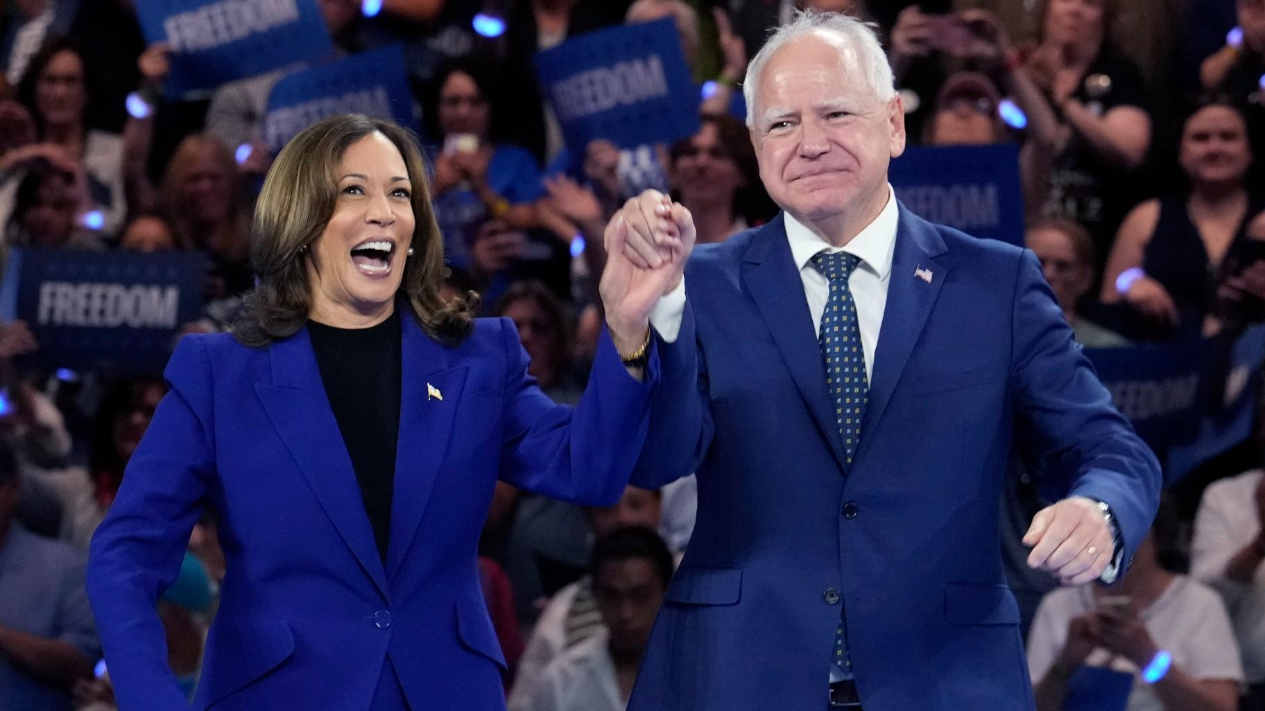Democratic presidential nominee Vice President Kamala Harris and running mate Minnesota Gov. Tim Walz appear at the Fiserv Forum during a campaign rally in Milwaukee, Tuesday, Aug. 20, 2024. (AP Photo/Jacquelyn Martin)