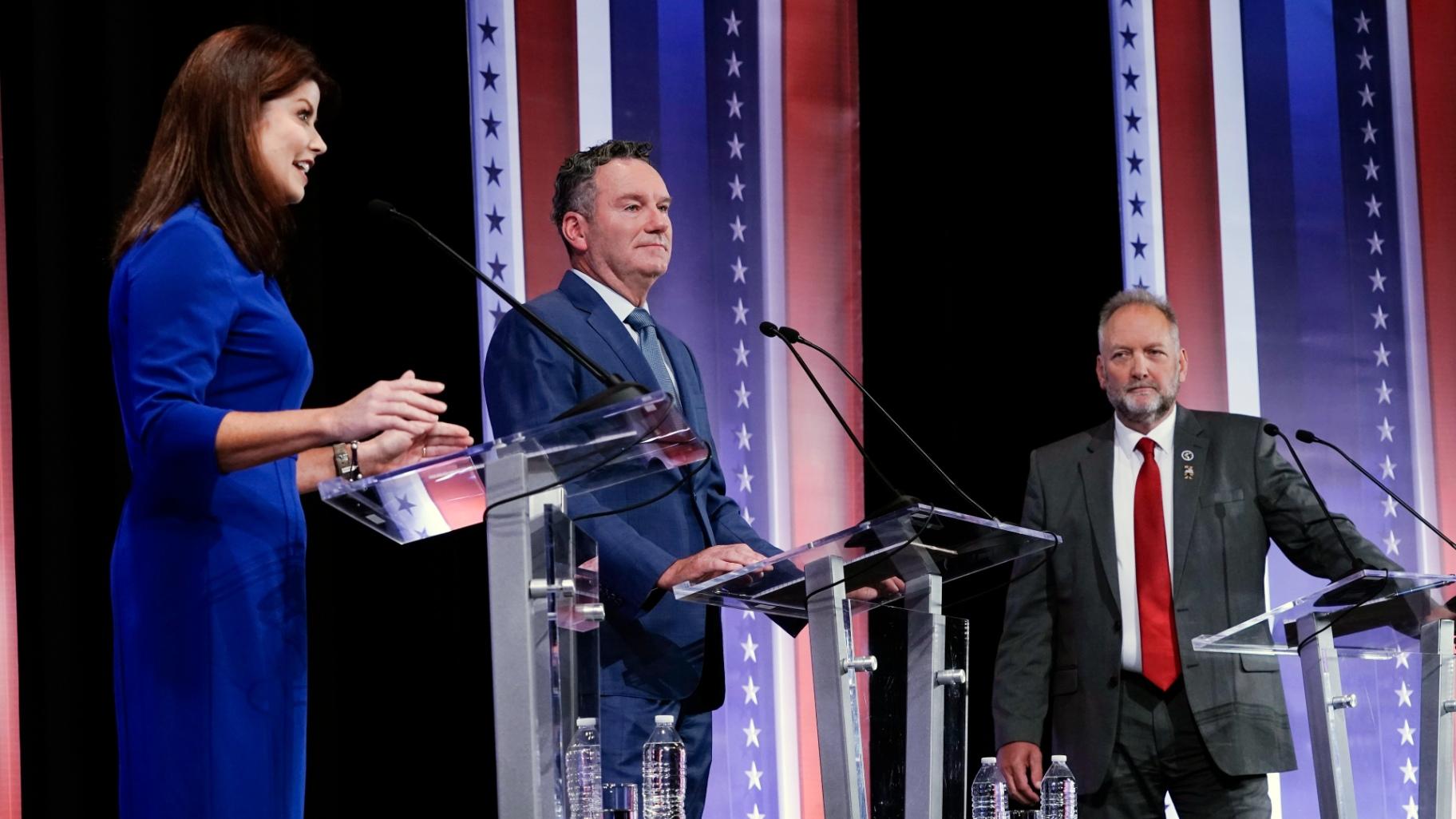 From left, Rebecca Kleefisch, Tim Michels and Timothy Ramthun participate in a televised Wisconsin Republican gubernatorial debate, July 24, 2022, in Milwaukee. (AP Photo / Morry Gash, File)