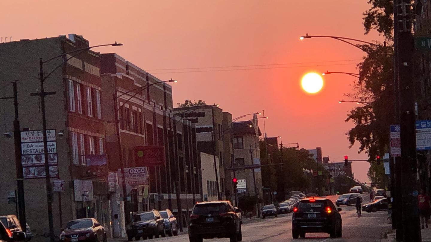 The sun sets due west on the spring equinox, set for March 20, 2022. (Patty Wetli / WTTW News) 