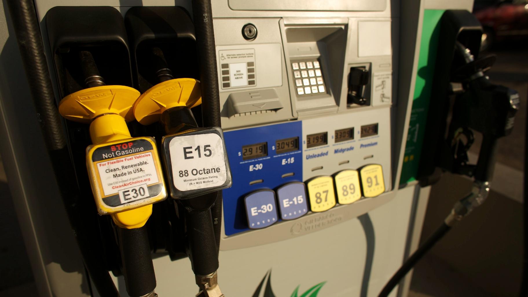 An E15 nozzle is displayed on a pump at service station in Minneapolis, Monday, Oct. 28, 2013, photo. (Jeff Wheeler / Star Tribune via AP, File)