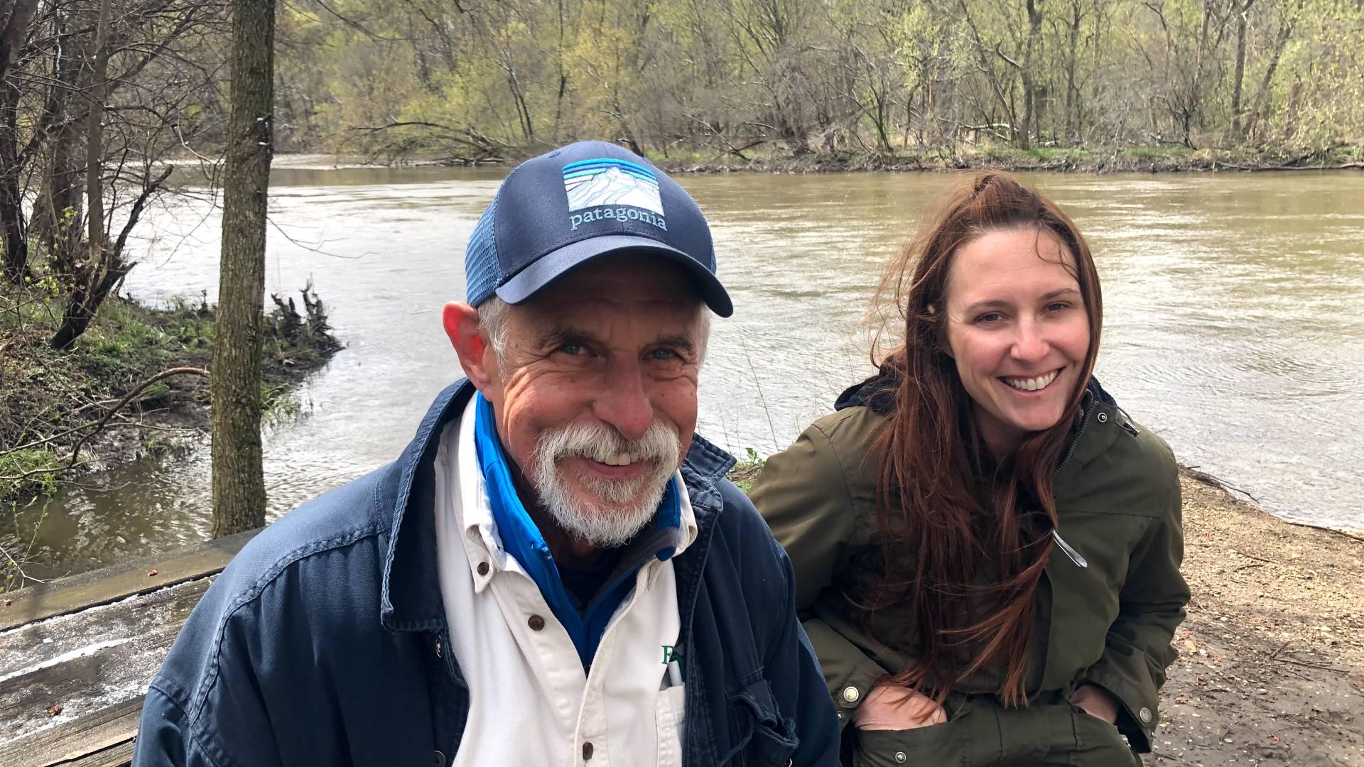Gary Swick and Jenni Kempf Schiavone of Friends of the Fox River, along the Fox in Algonguin, Ill., April 17, 2023. (Patty Wetli / WTTW News)