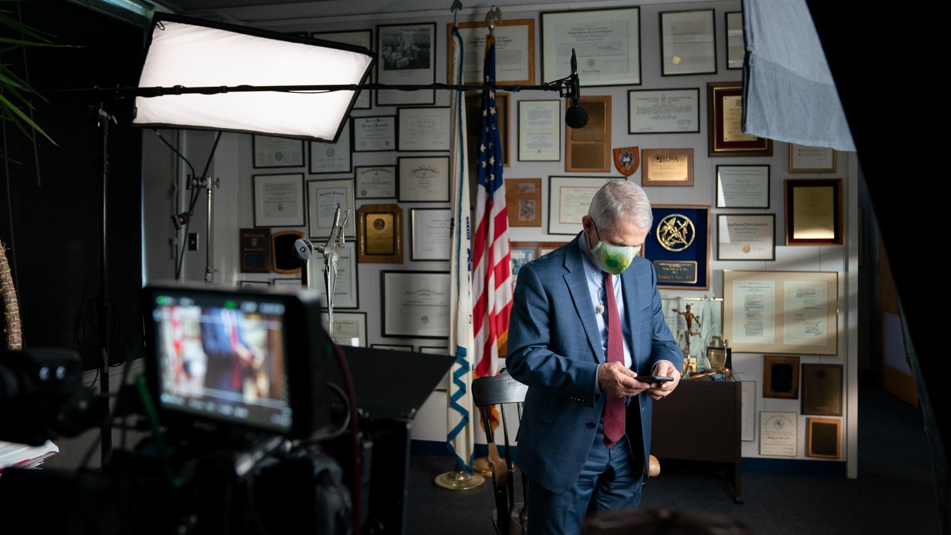 This image released by National Geographic shows Dr. Anthony Fauci at the NIH in Bethesda, Md., during the filming of the documentary “Fauci.” (Visko Hatfield / National Geographic via AP)