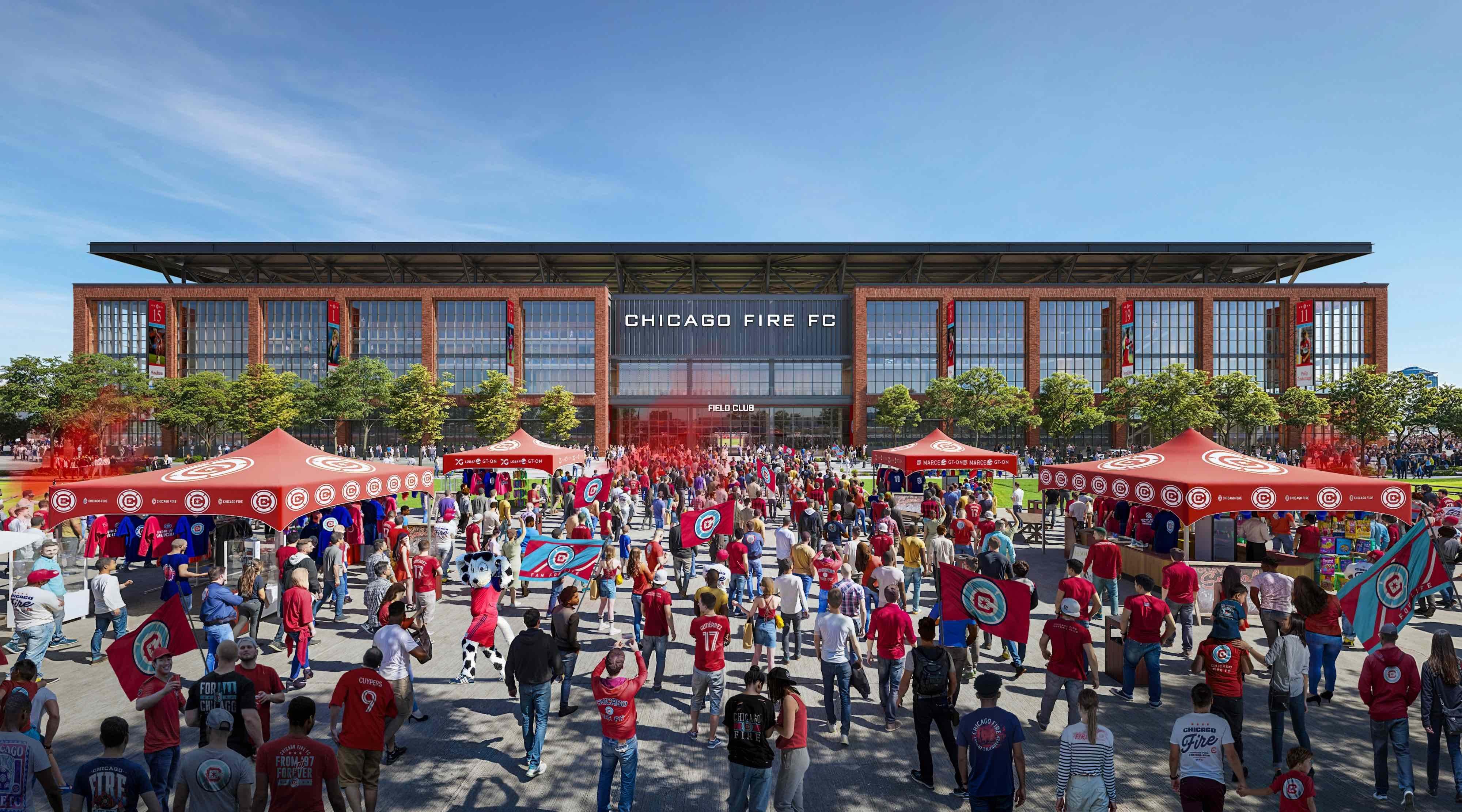 “We are creating a fortress for our team and a home for our fans,” said Dave Baldwin, Chicago Fire FC president of business operations. A rendering of the proposed stadium’s west facade shows the design’s nod to Chicago's warehouses. (Courtesy Chicago Fire FC and Gensler) “We are creating a fortress for our team and a home for our fans,” said Dave Baldwin, Chicago Fire FC president of business operations. A rendering of the proposed stadium's west facade shows the design's nod to Chicago's warehouses. (Courtesy Chicago Fire FC and Gensler)