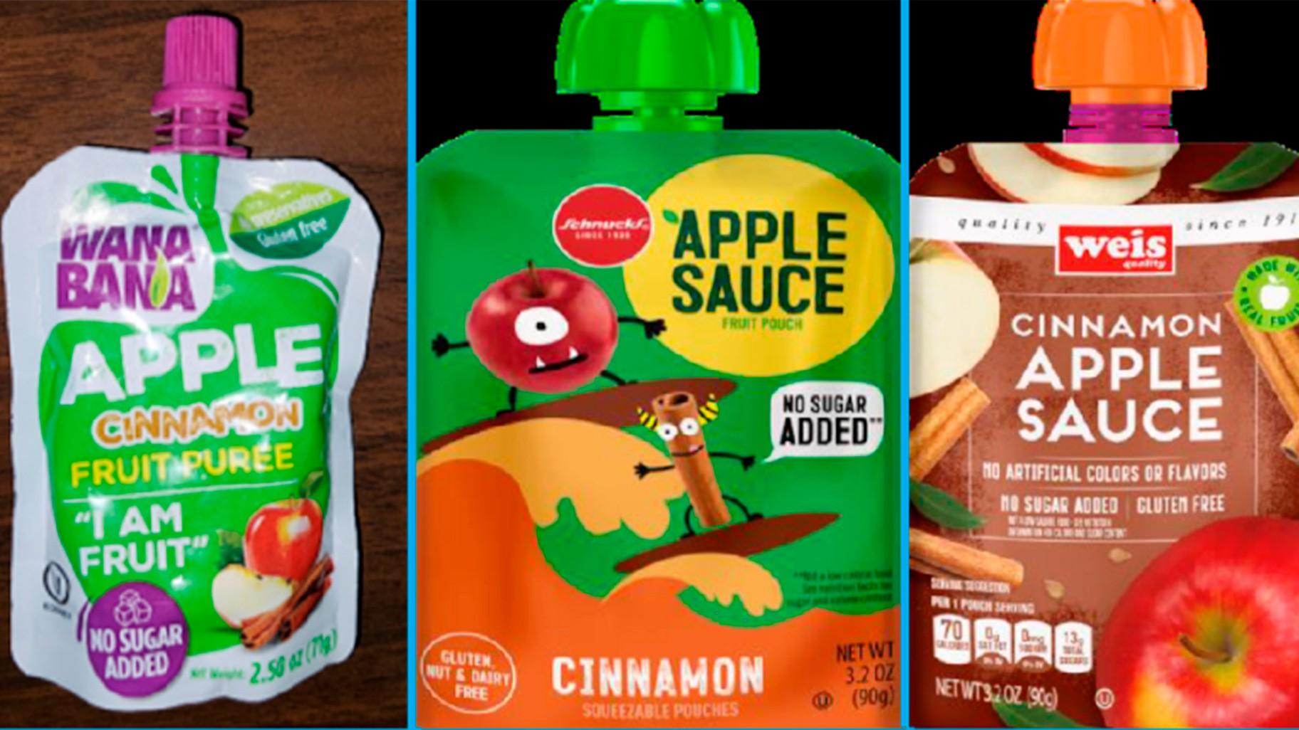 This image provided by the U.S. Food and Drug Administration on Nov. 17, 2023, shows three recalled applesauce products - WanaBana apple cinnamon fruit puree pouches, Schnucks-brand cinnamon-flavored applesauce pouches and variety pack, and Weis-brand cinnamon applesauce pouches. (FDA via AP, File)