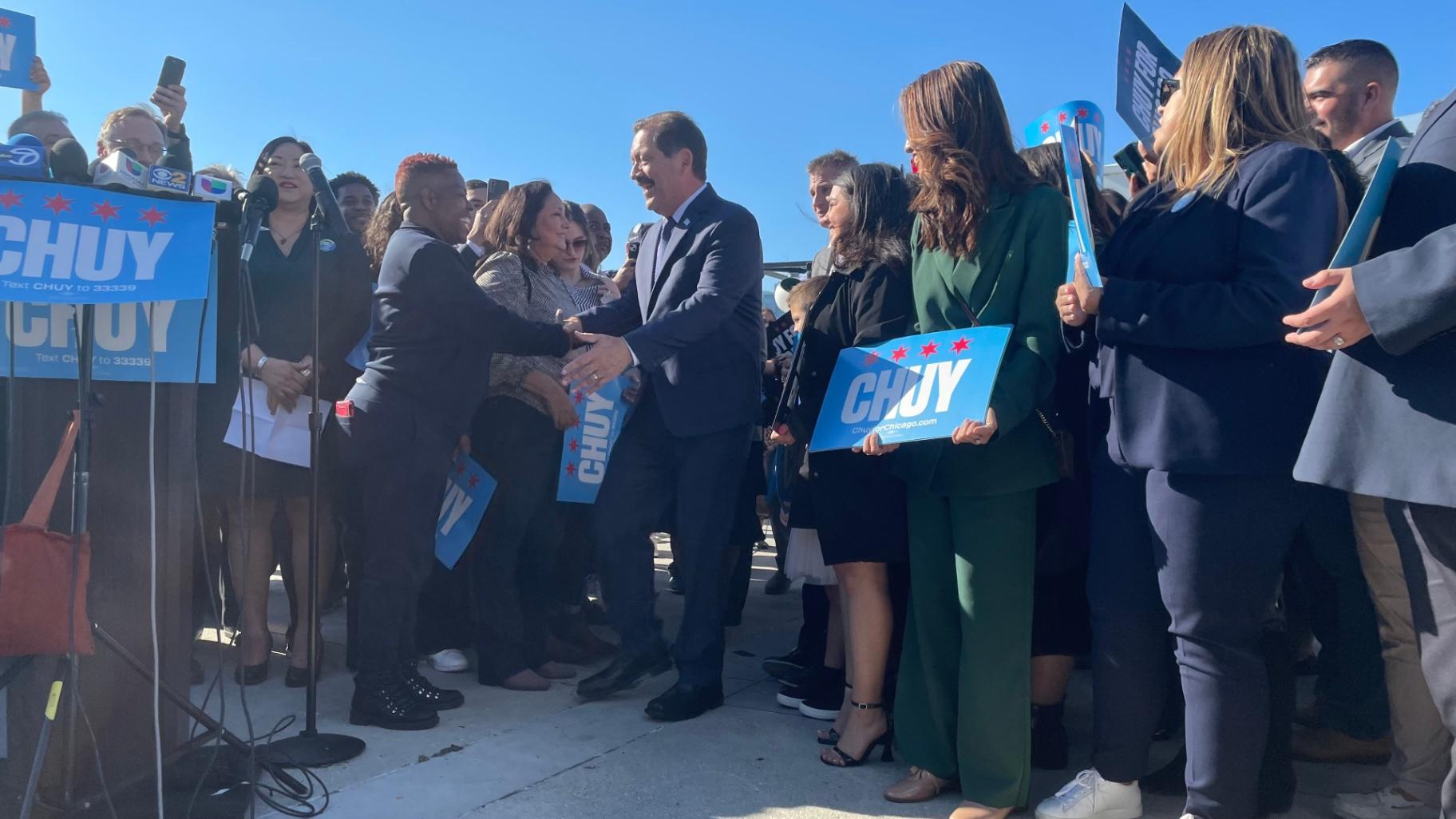 U.S. Rep. Jesus "Chuy" Garcia greets supporters before launching a campaign for mayor of Chicago. (Heather Cherone / WTTW News)