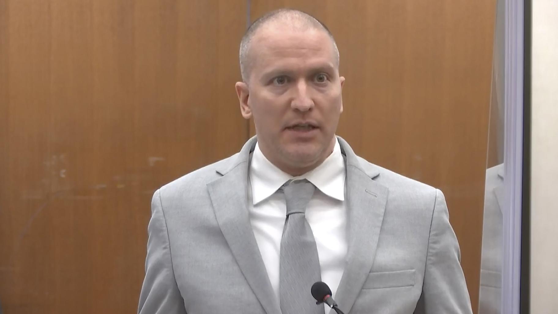 In this image taken from video, former Minneapolis police Officer Derek Chauvin addresses the court as Hennepin County Judge Peter Cahill presides over Chauvin’s sentencing, Friday, June 25, 2021, at the Hennepin County Courthouse in Minneapolis. (Court TV via AP, Pool)