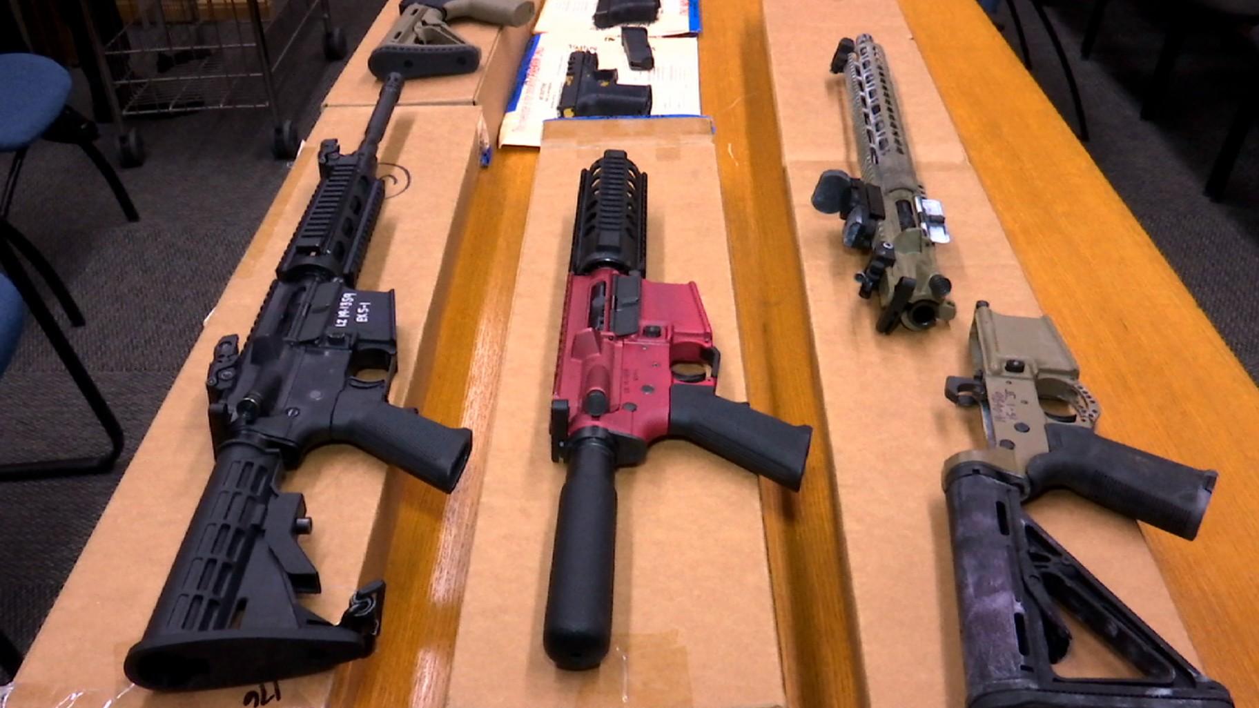 This Nov. 27, 2019, file photo shows “ghost guns” on display at the headquarters of the San Francisco Police Department in San Francisco. (AP Photo / Haven Daley, File)