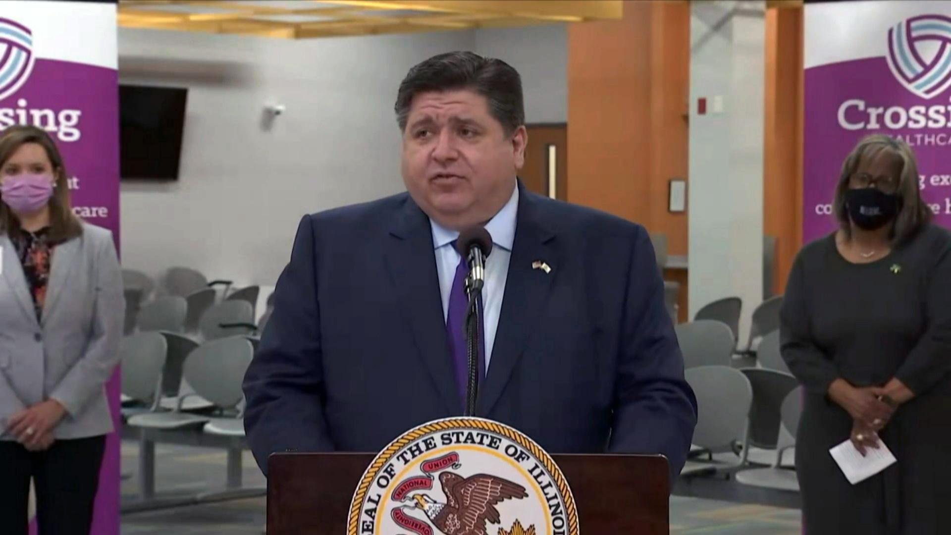 Gov. J.B. Pritzker speaks Wednesday, March 17, 2021 in Decatur. (WTTW News)