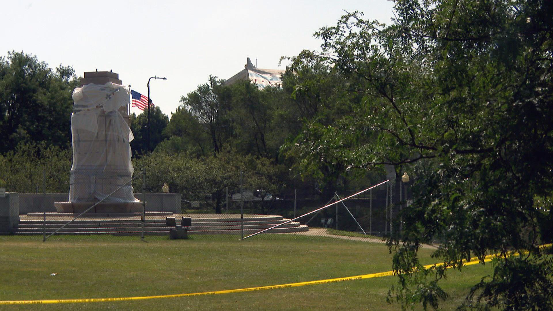 An empty pedestal in Grant Park where a statue of Christopher Columbus stood recently. (WTTW News)