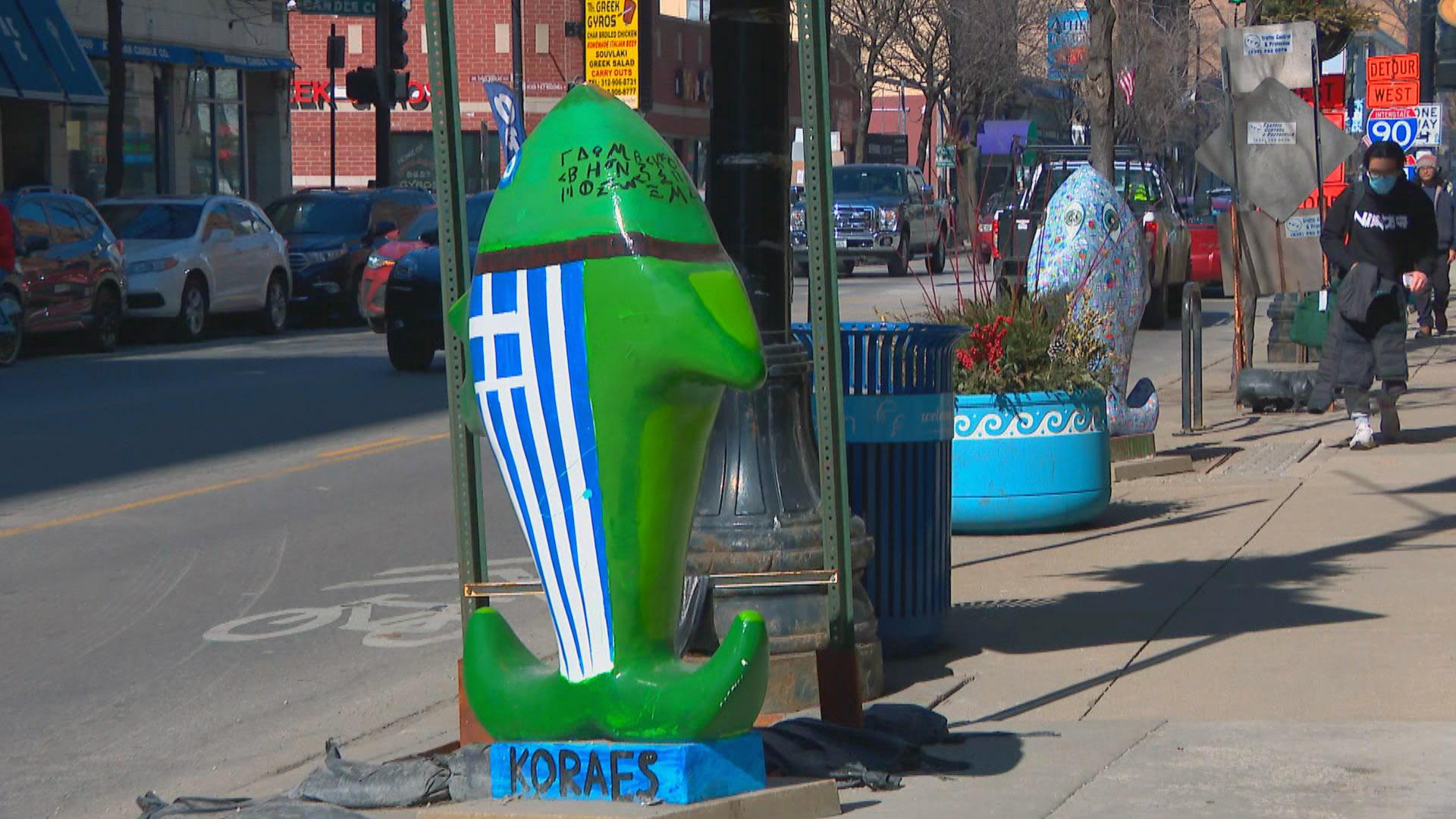 A scene from the “Fanciful Fish” outdoor exhibit along Halsted Street in Greektown. (WTTW News)