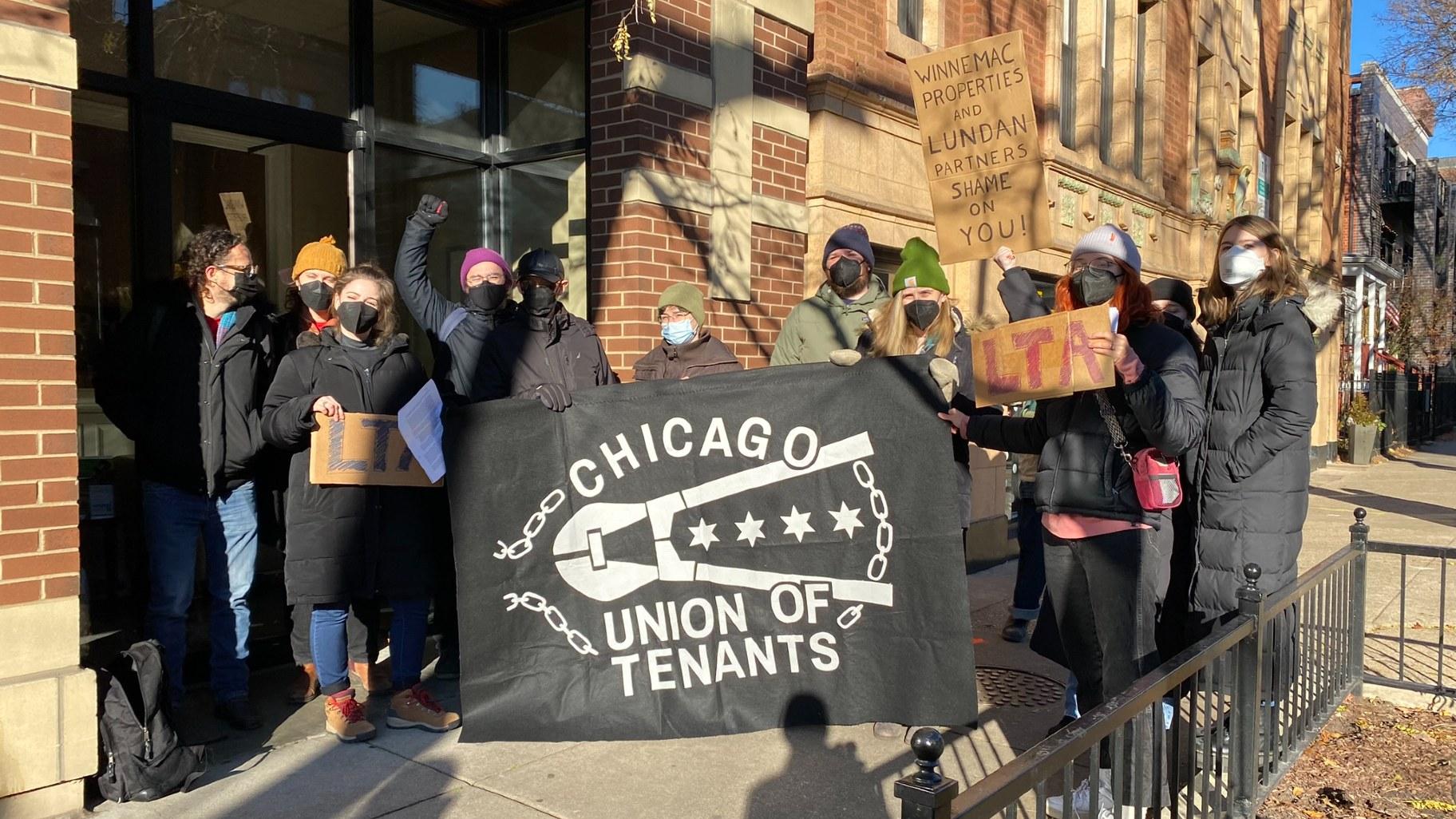 Members of Lunt Tenants Association and organizers from the Chicago Union of Tenants after delivering their letter of resident demands on Nov. 29, 2023. (Nick Blumberg / WTTW News)