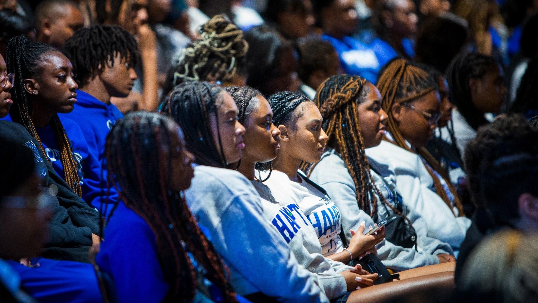 Hampton University students listen as Vice President Kamala Harris speaks at the university on Thursday, Sept. 14, 2023, in Hampton, Va. (AP Photo / John C. Clark)