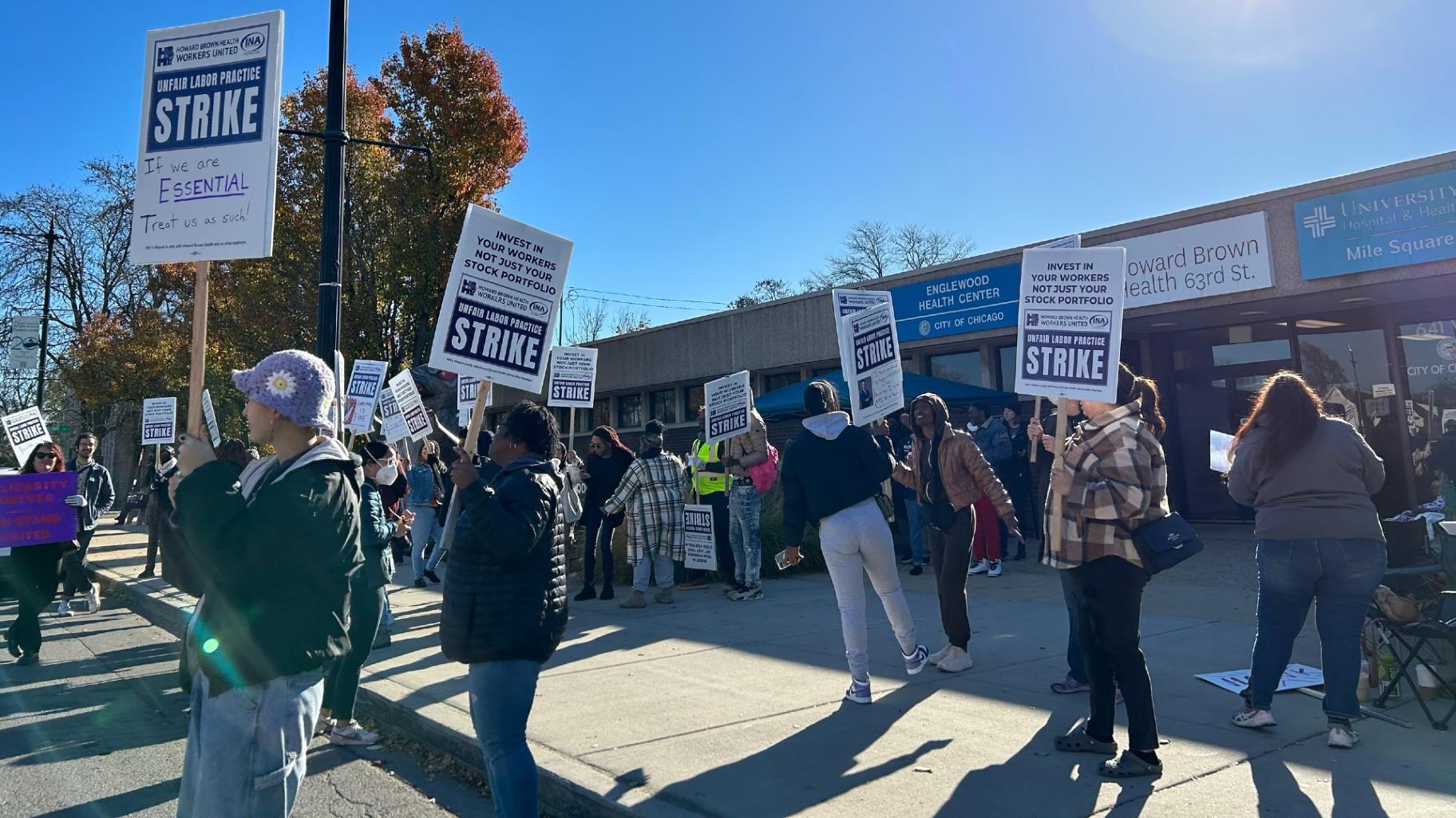 Members of the Howard Brown Health Workers United union on strike Nov. 14, 2023. (Blair Paddock / WTTW News)