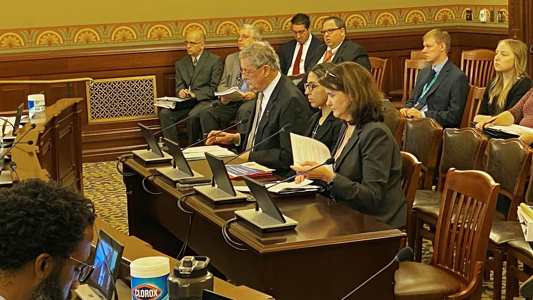 Illinois Department of Revenue Director David Harris, IDOR Chief Economist Rubina Hafeez and Governor’s Office of Management and Budget Director Alexis Sturm take questions from the House Revenue and Finance Committee in Springfield on Thursday. (Jerry Nowicki / Capitol News Illinois)