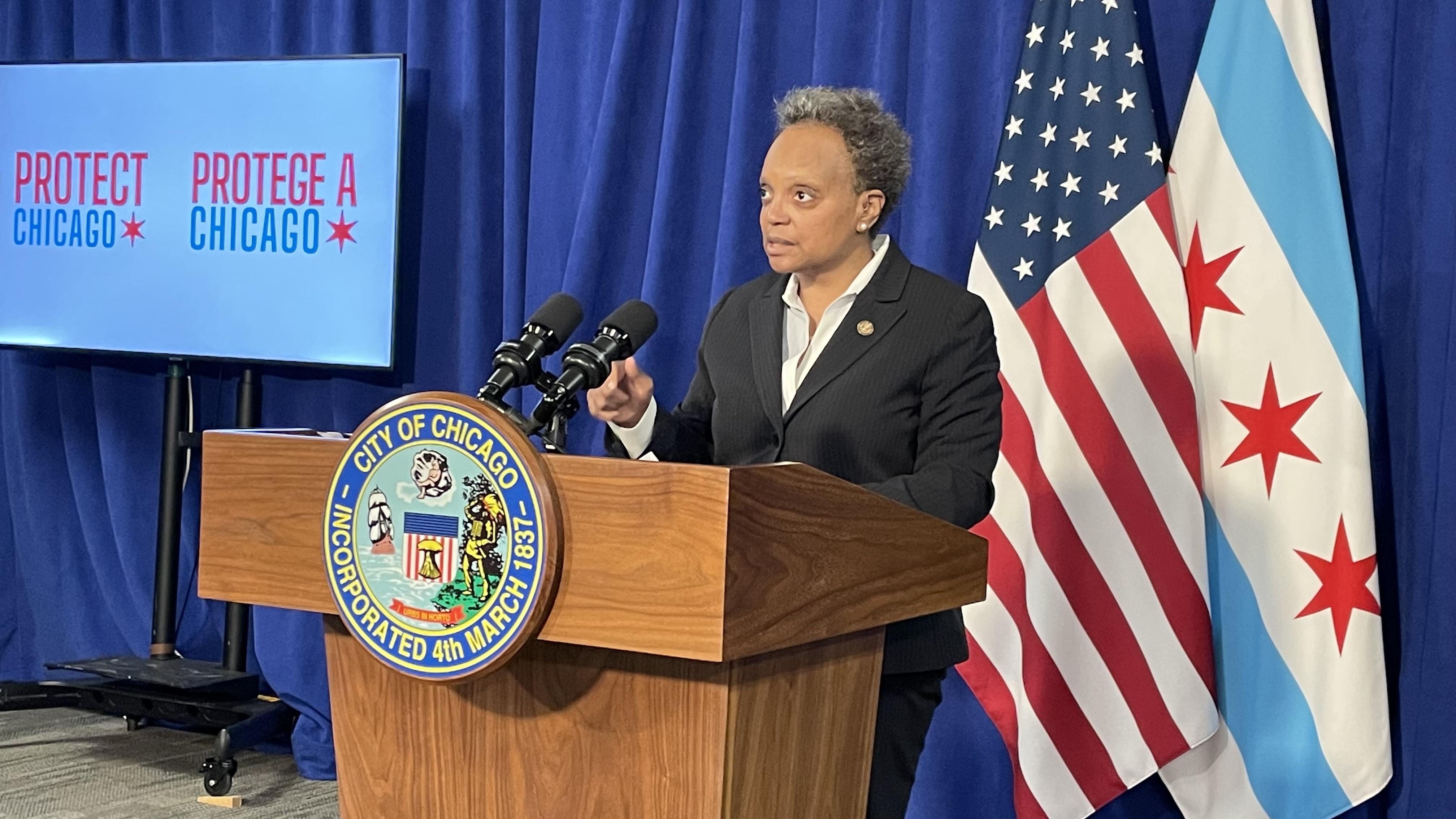 Mayor Lori Lightfoot addresses the news media on Tuesday, Feb. 22, 2022. (Heather Cherone/WTTW News)