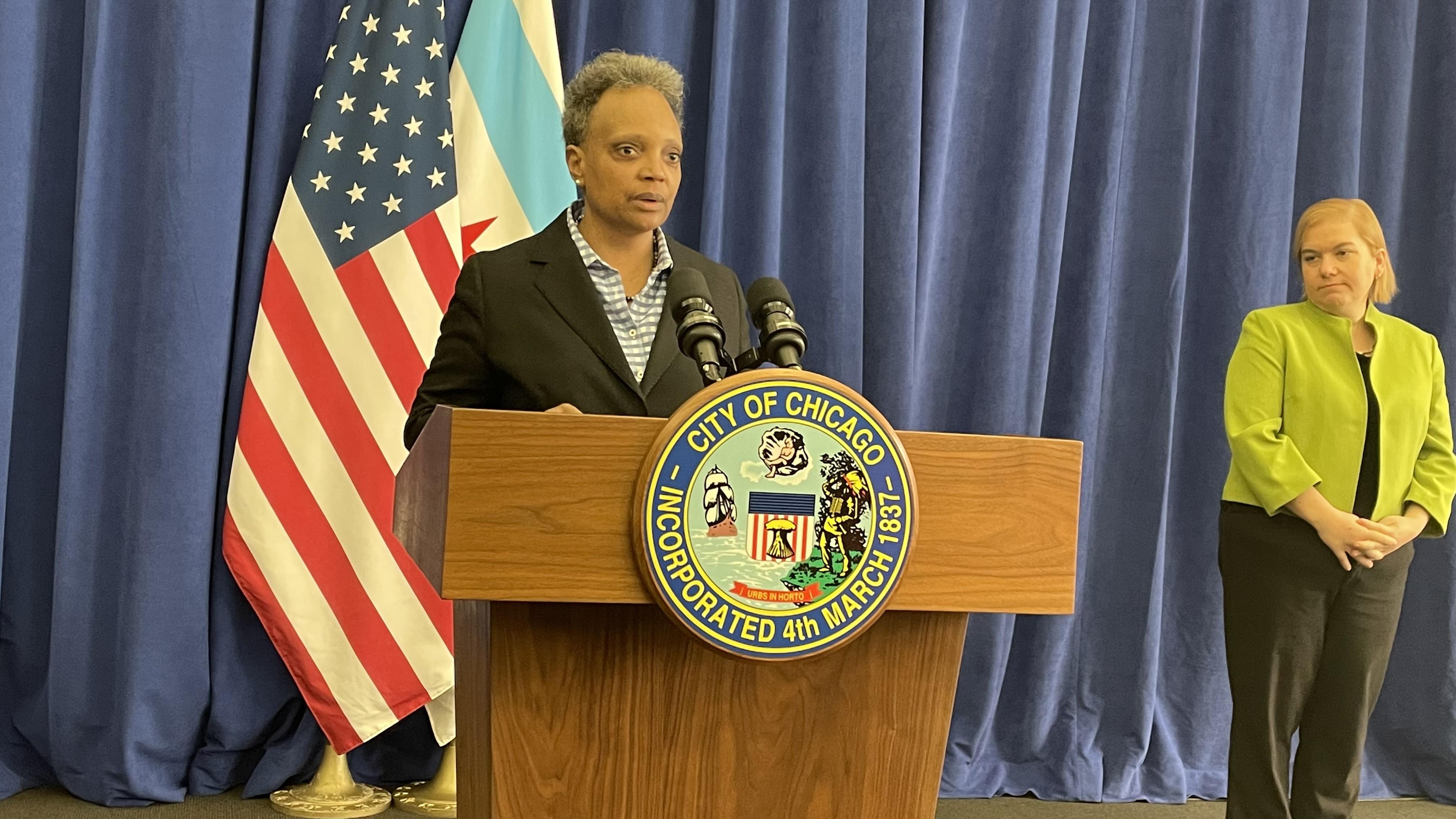 Mayor Lori Lightfoot addresses the news media Monday, March 14, 2022. (Heather Cherone/WTTW News)