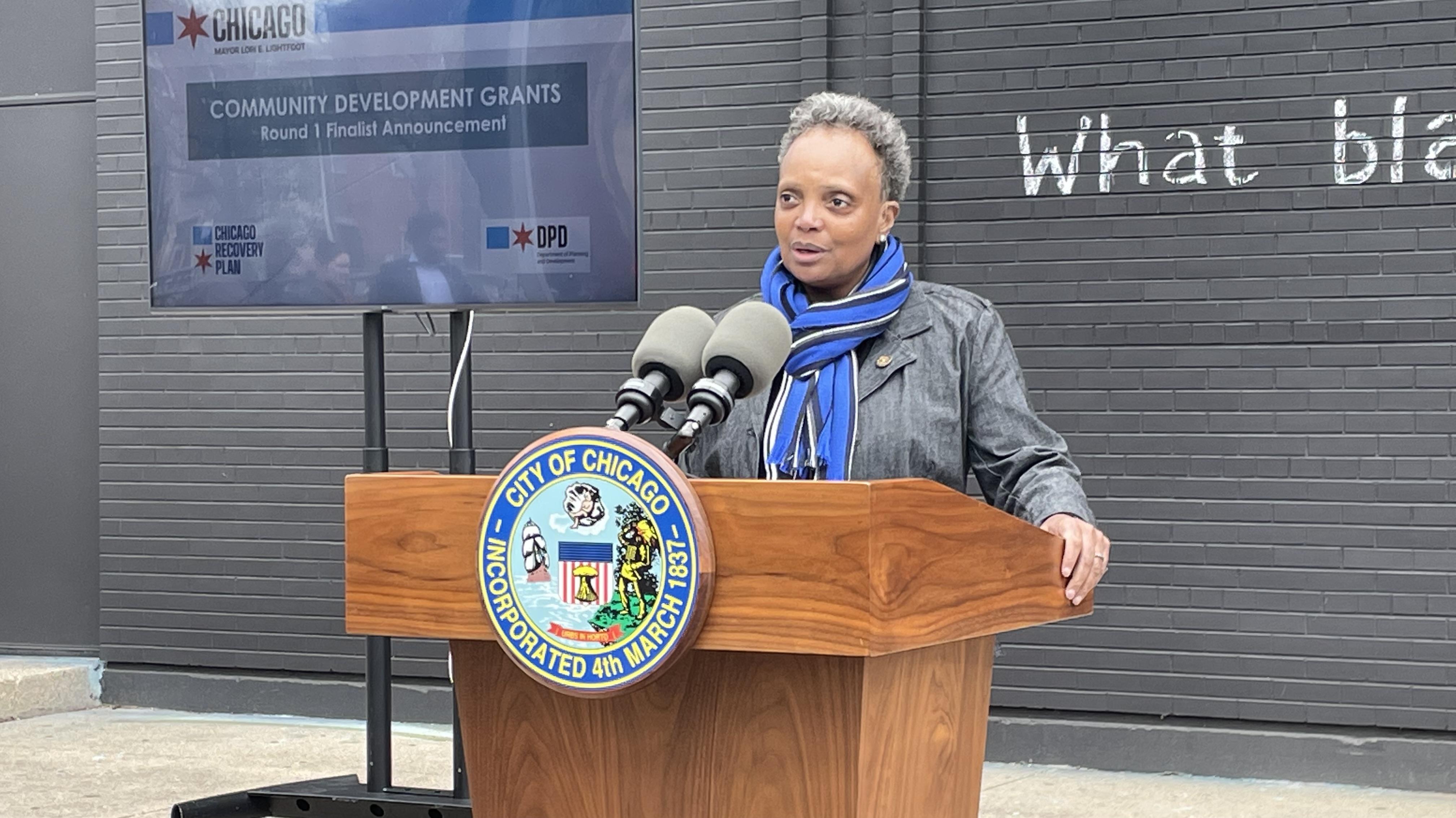 Mayor Lori Lightfoot addresses the news media Monday, May 2. (Heather Cherone/WTTW)