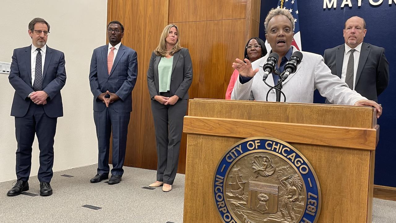 Mayor Lori Lightfoot addresses the news media Monday, Aug. 29, 2022. (Heather Cherone/WTTW)