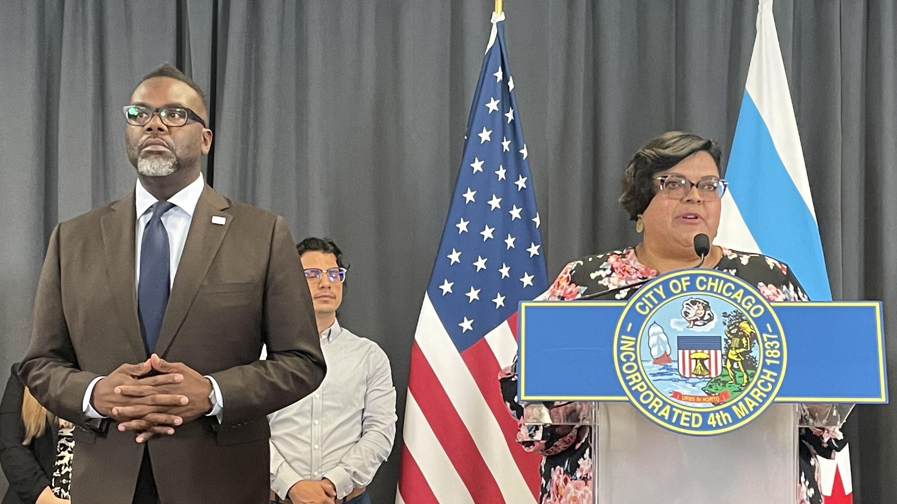 Olga Bautista, the executive director of the Southeast Environmental Task Force, lauded Mayor Brandon Johnson's proposal. (Heather Cherone/WTTW News)
