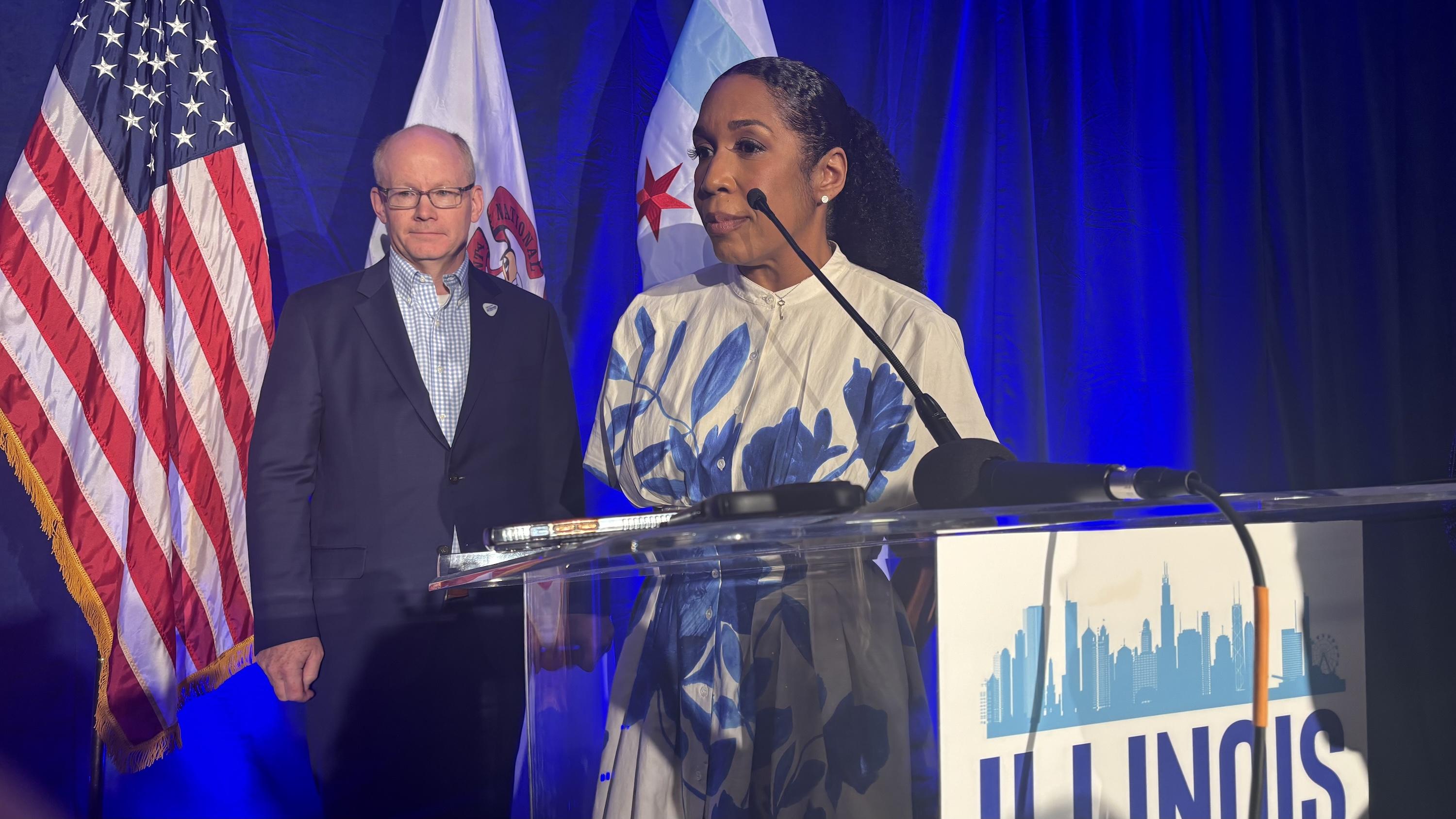 Lt. Gov. Juliana Stratton speaks to reporters at the Illinois delegation DNC breakfast on Tuesday, Aug. 20. (Heather Cherone/WTTW News)