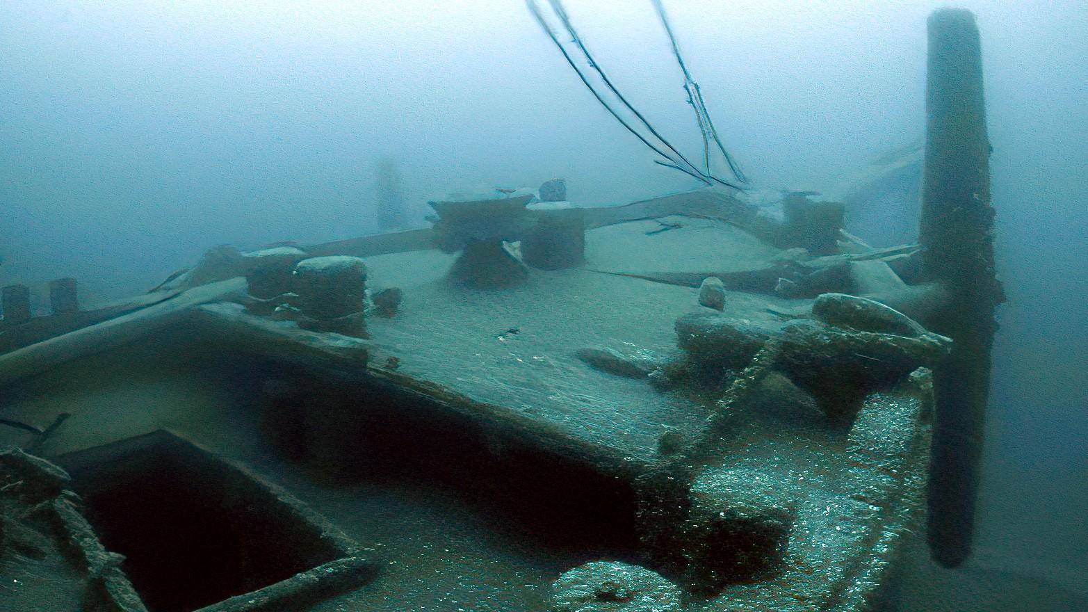 In this image taken from video provided by the Thunder Bay National Marine Sanctuary, the bow of the Ironton is seen in Lake Huron off Michigan’s east coast in a June 2021 photo. Searchers have found the long-lost Great Lakes ship that came to a tragic end. (Thunder Bay National Marine Sanctuary via AP)