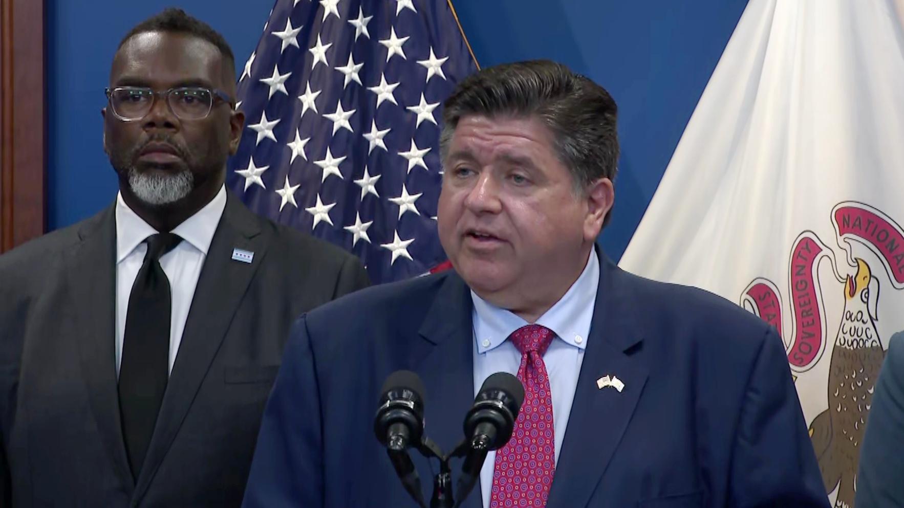 Gov. JB Pritzker addresses the news media on Tuesday, Sept. 2, 2025, as Mayor Brandon Johnson looks on. (WTTW News)