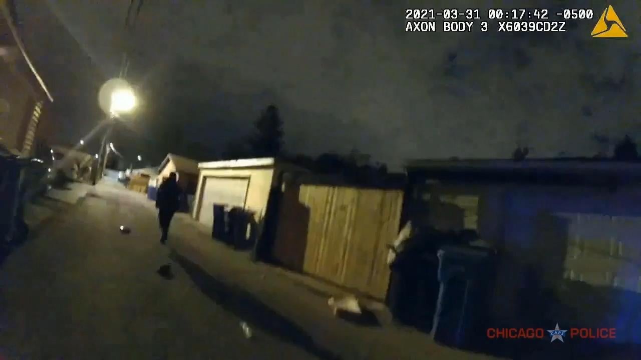 An image taken from a five-minute compilation video, released by the Chicago Police Department on April 28, which shows the March 31 police shooting of Anthony Alvarez in the Portage Park neighborhood. (WTTW News via CPD)