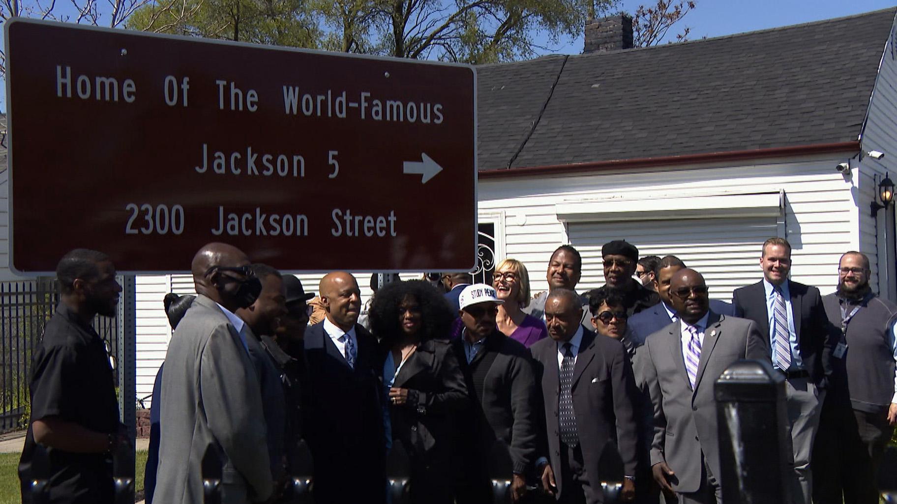 The celebration was in full force at 2300 Jackson Street in Gary, Indiana, as the city marked the home of the Jackson 5 with official highway signage. May 13, 2021. (WTTW News)