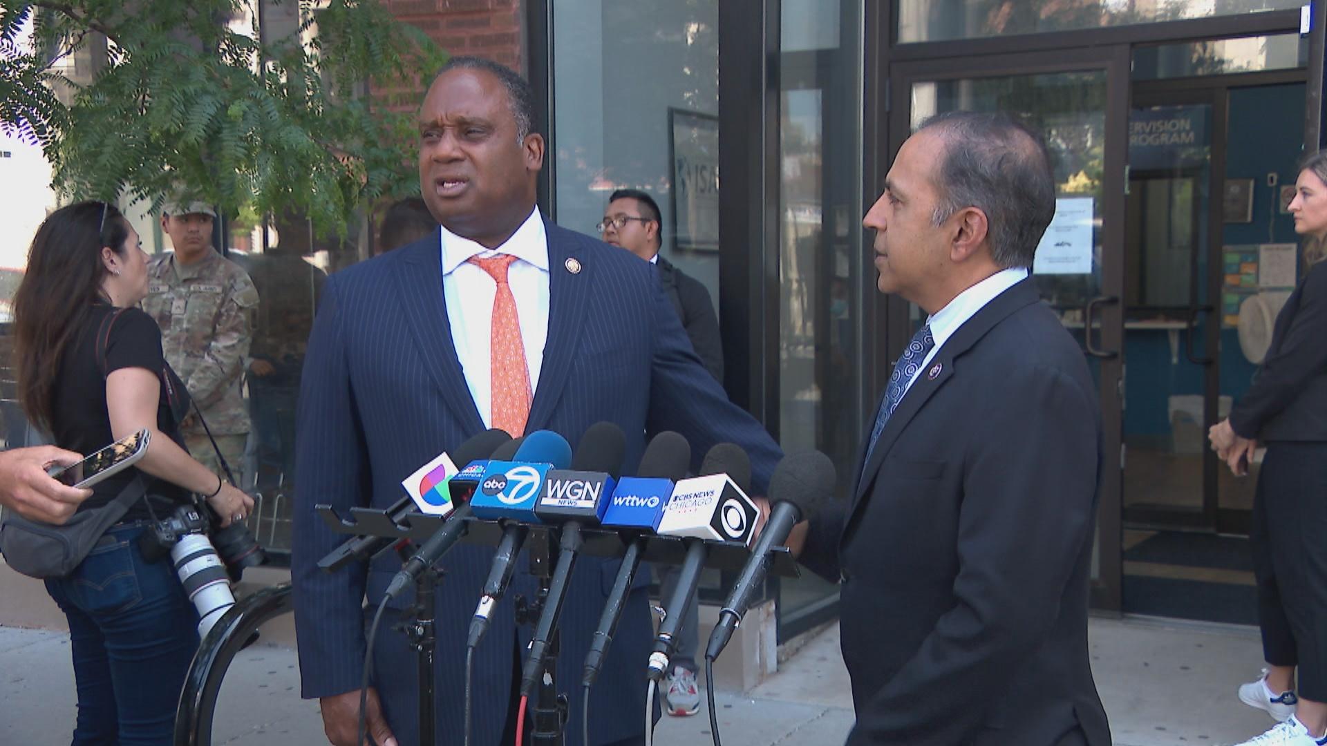 U.S. Reps. Jonathan Jackson (left) and Raja Krishnamoorthi (right) speak Tuesday, June 17, 2025, after being denied access to a South Loop ICE facility. (WTTW News)