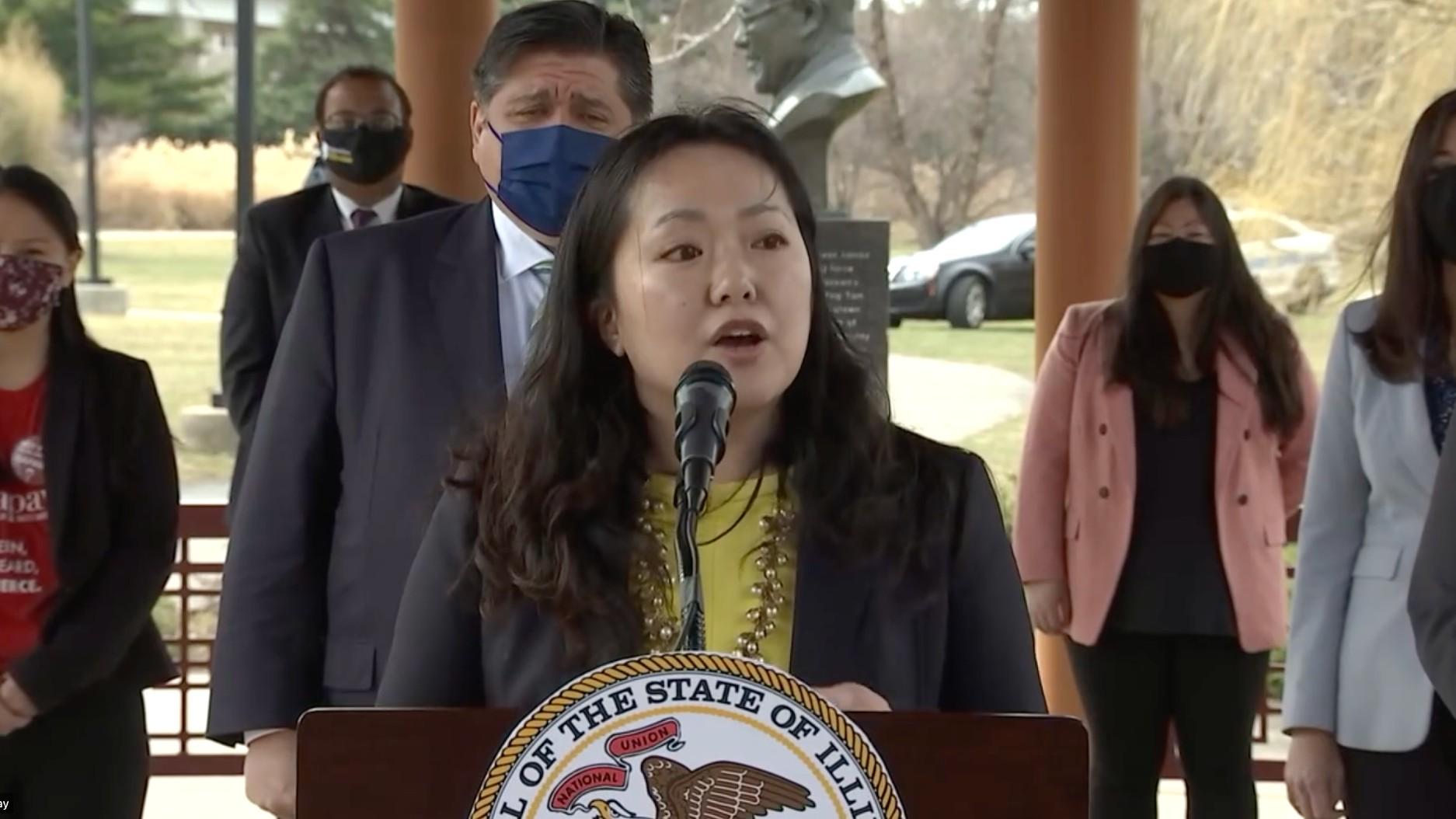 State Rep. Janet Yang Rohr speaks Monday, March 22, 2021 about the anti-Asian discrimination. (WTTW News)