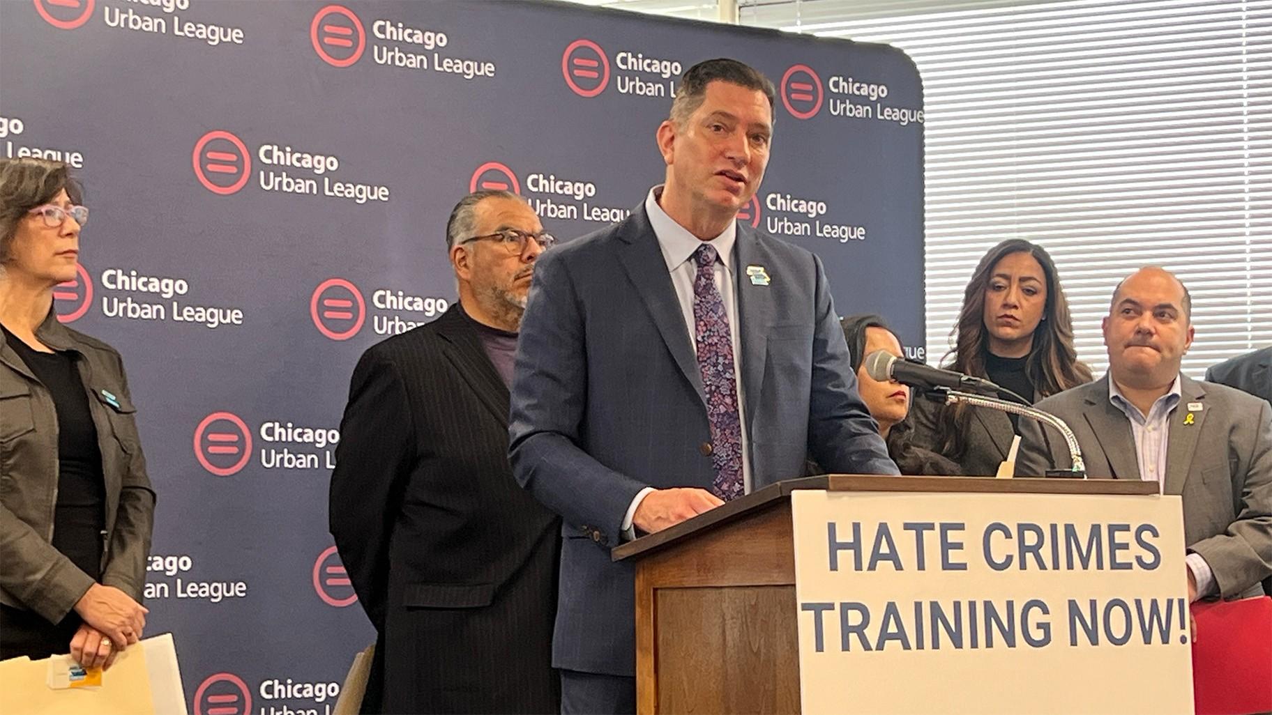 Jim Bennett, director of the Illinois Department of Human Rights, speaks at a press conference Monday, Dec. 9, 2024. (Amanda Vinicky / WTTW News)