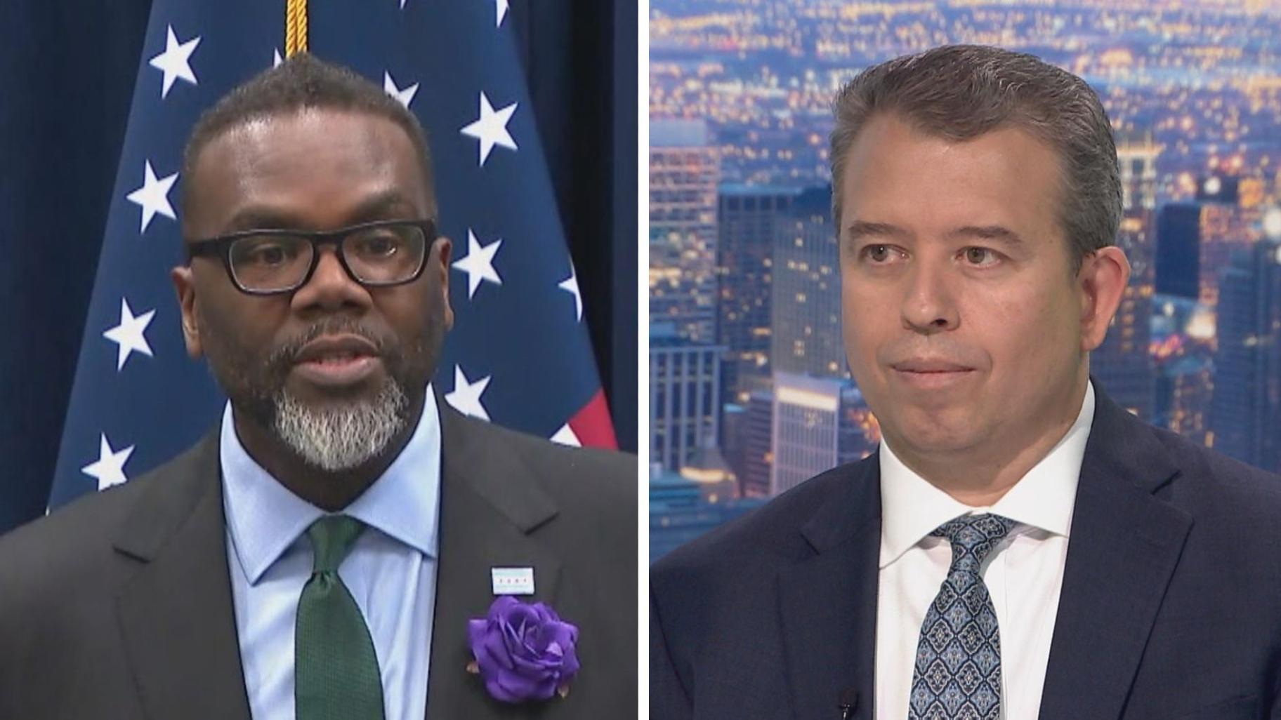 Left: Mayor Brandon Johnson speaks at a news conference on March 20, 2024. Right: Chicago Public Schools CEO Pedro Martinez appears on “Chicago Tonight” on May 7, 2024. (WTTW News) Left: Mayor Brandon Johnson speaks at a news conference on March 20, 2024. Right: Chicago Public Schools CEO Pedro Martinez appears on “Chicago Tonight” on May 7, 2024. (WTTW News)